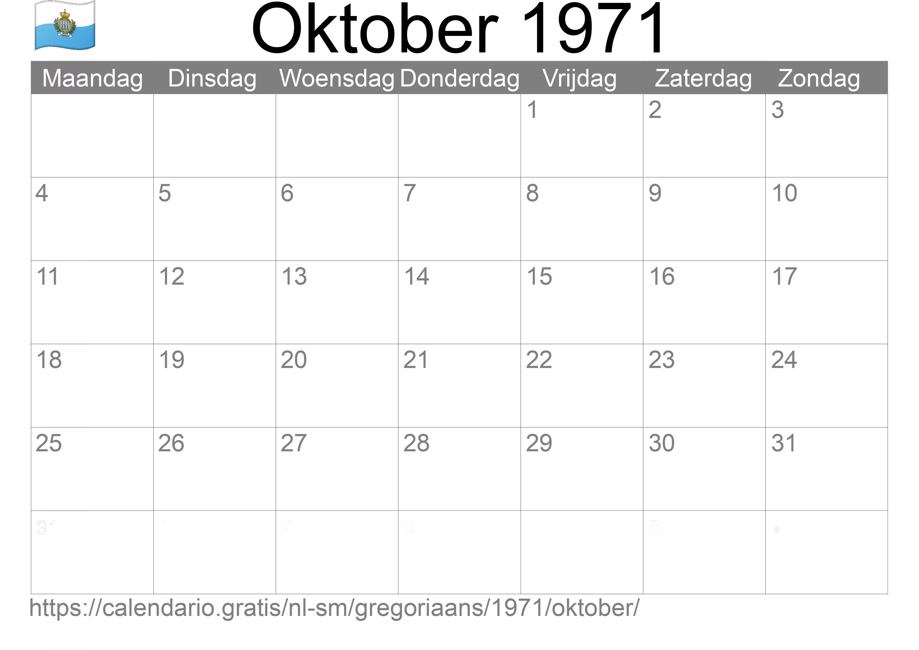 Kalender Oktober 1971 om af te drukken (San Marino)