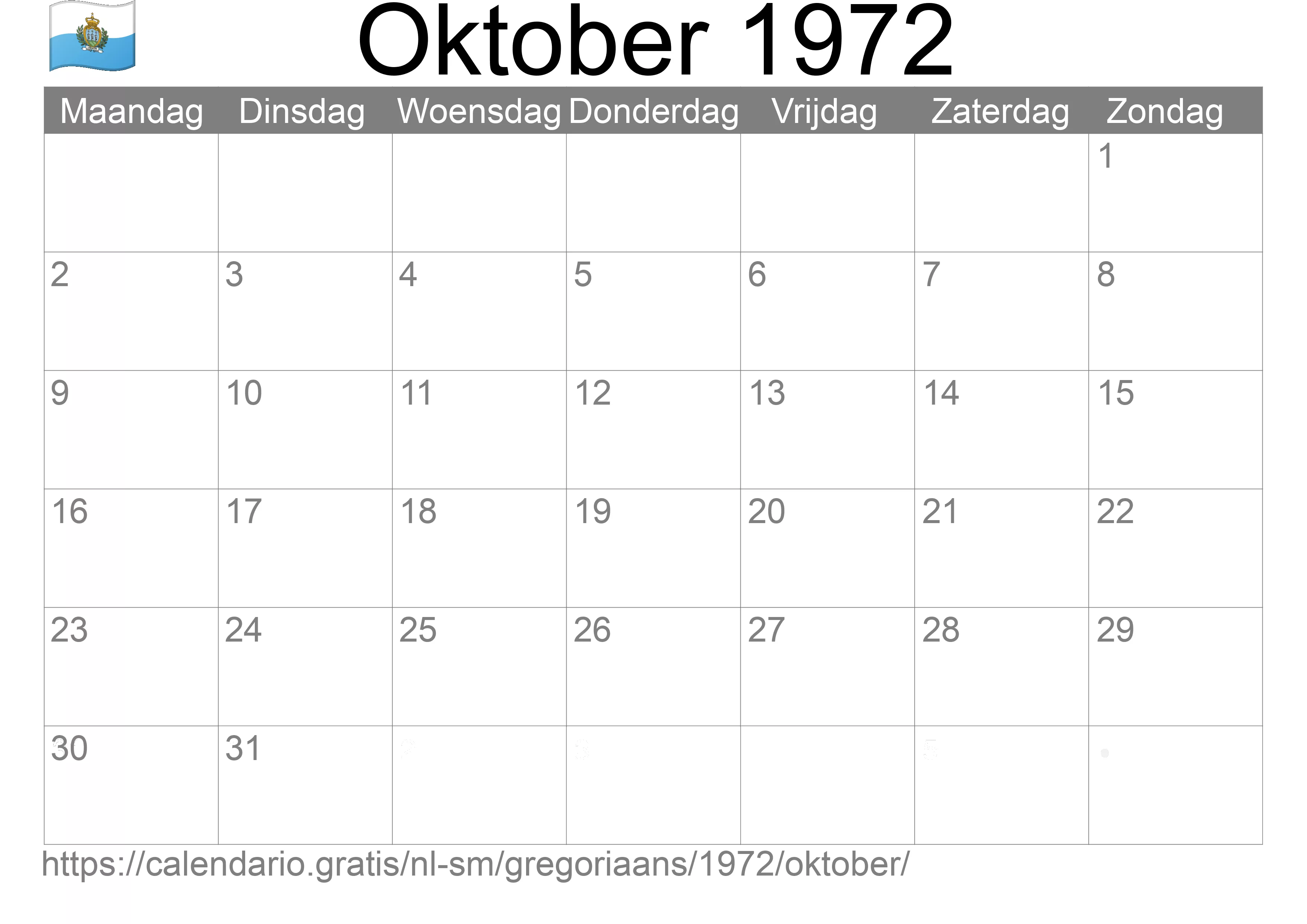 Kalender Oktober 1972 om af te drukken (San Marino)