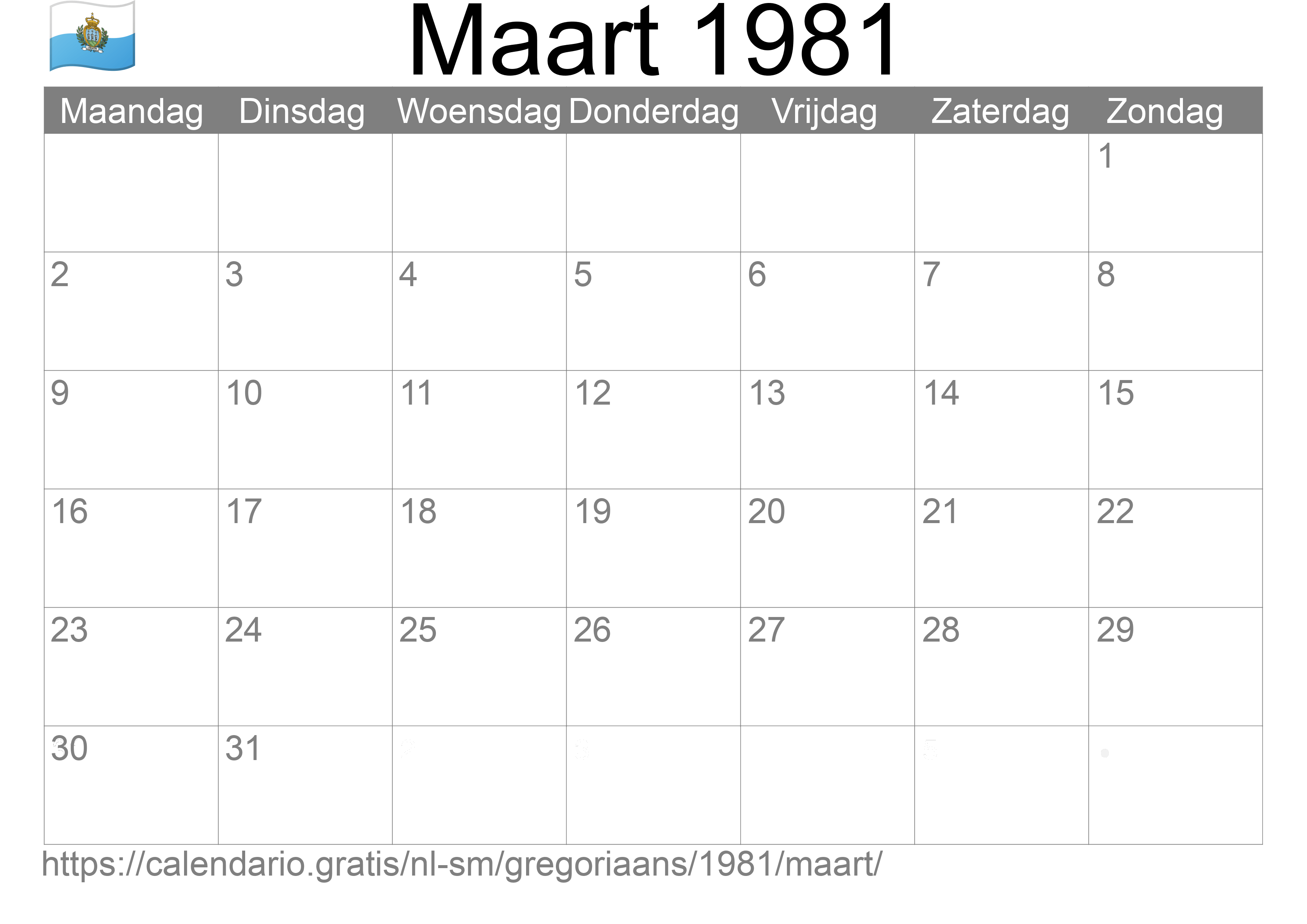 Kalender Maart 1981 om af te drukken