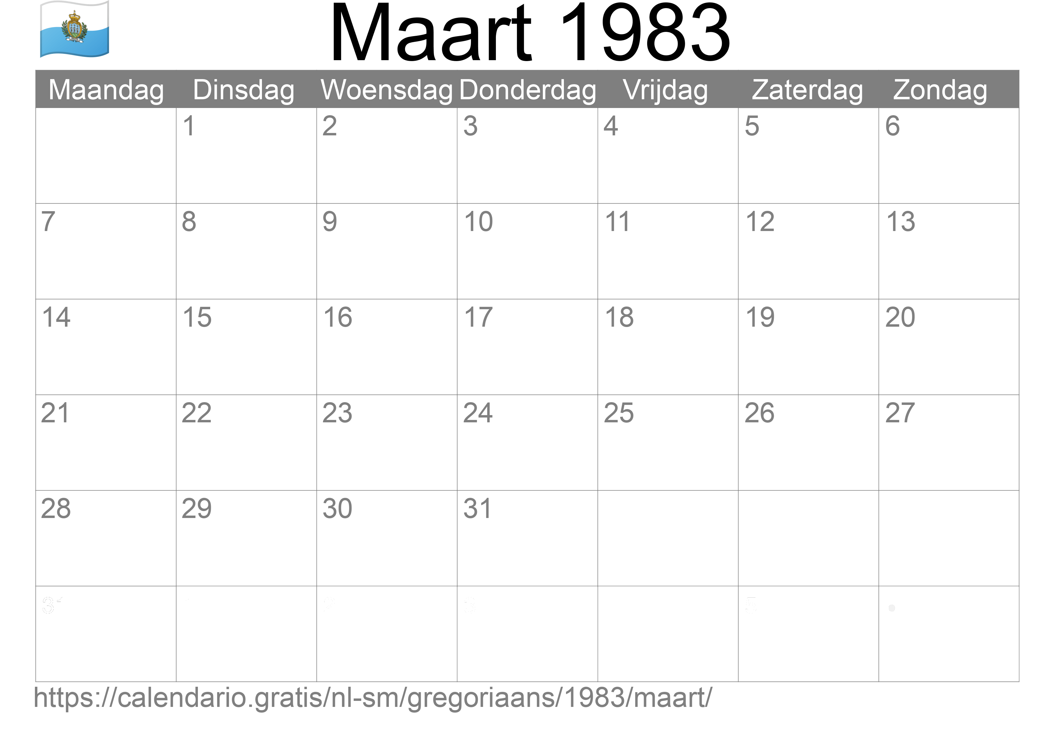 Kalender Maart 1983 om af te drukken