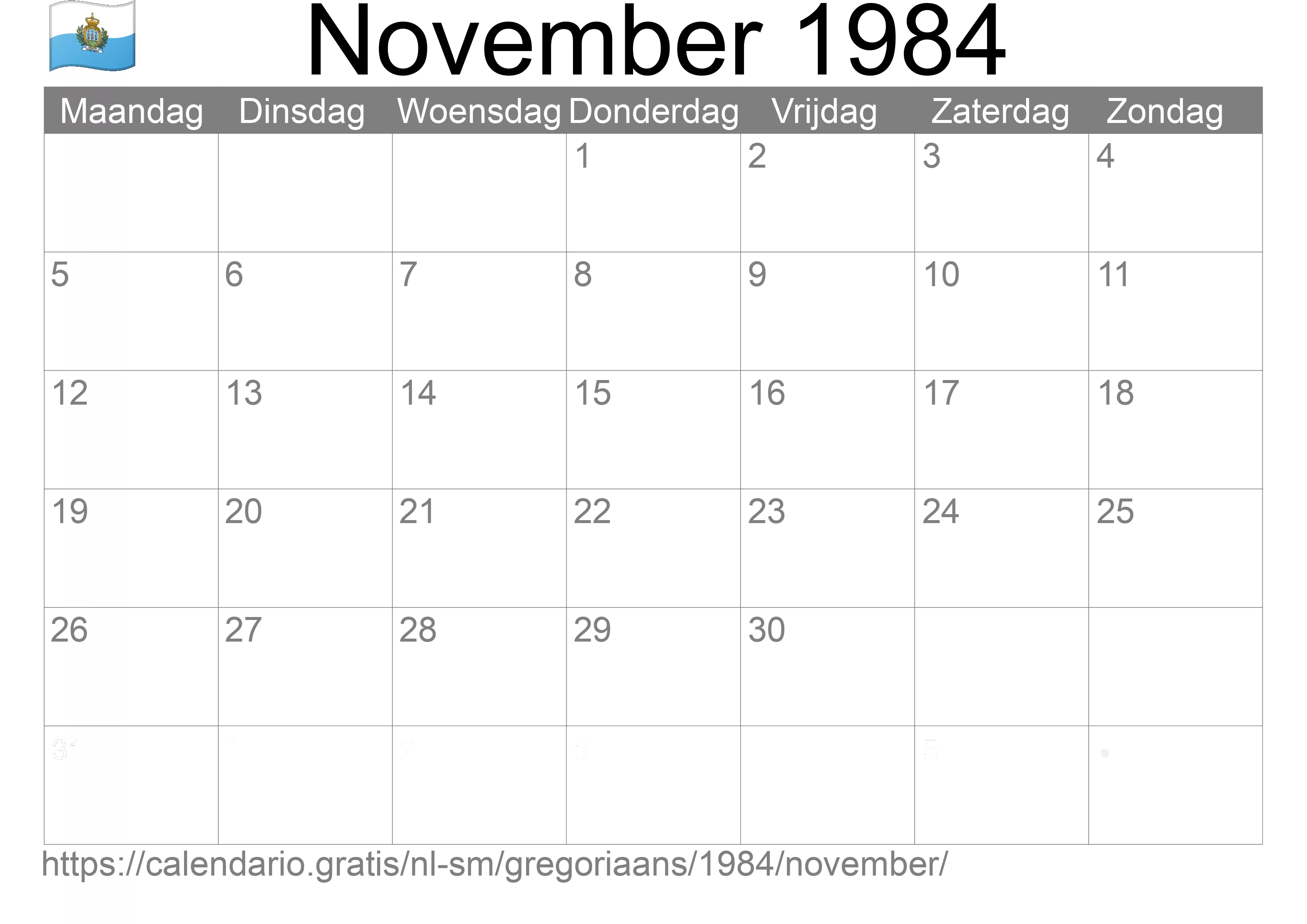 Kalender November 1984 om af te drukken (San Marino)