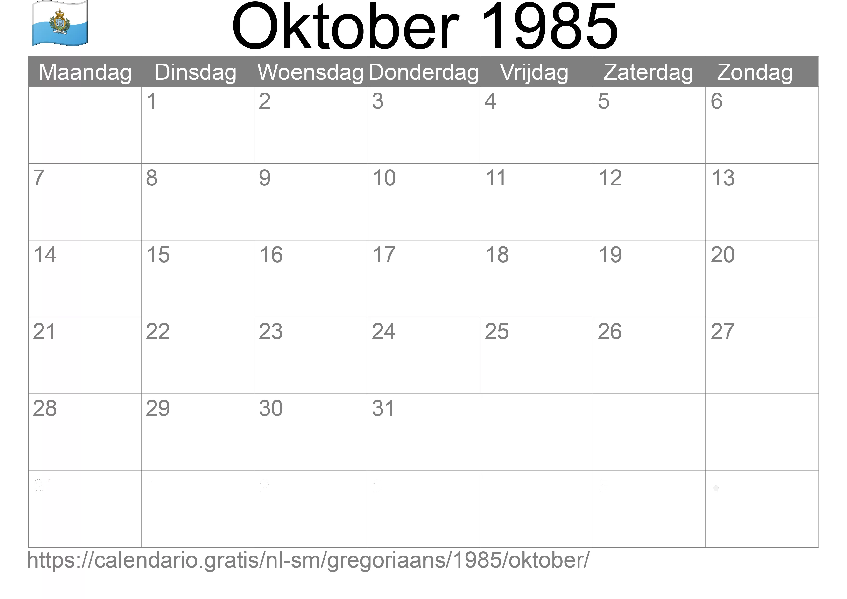 Kalender Oktober 1985 om af te drukken (San Marino)