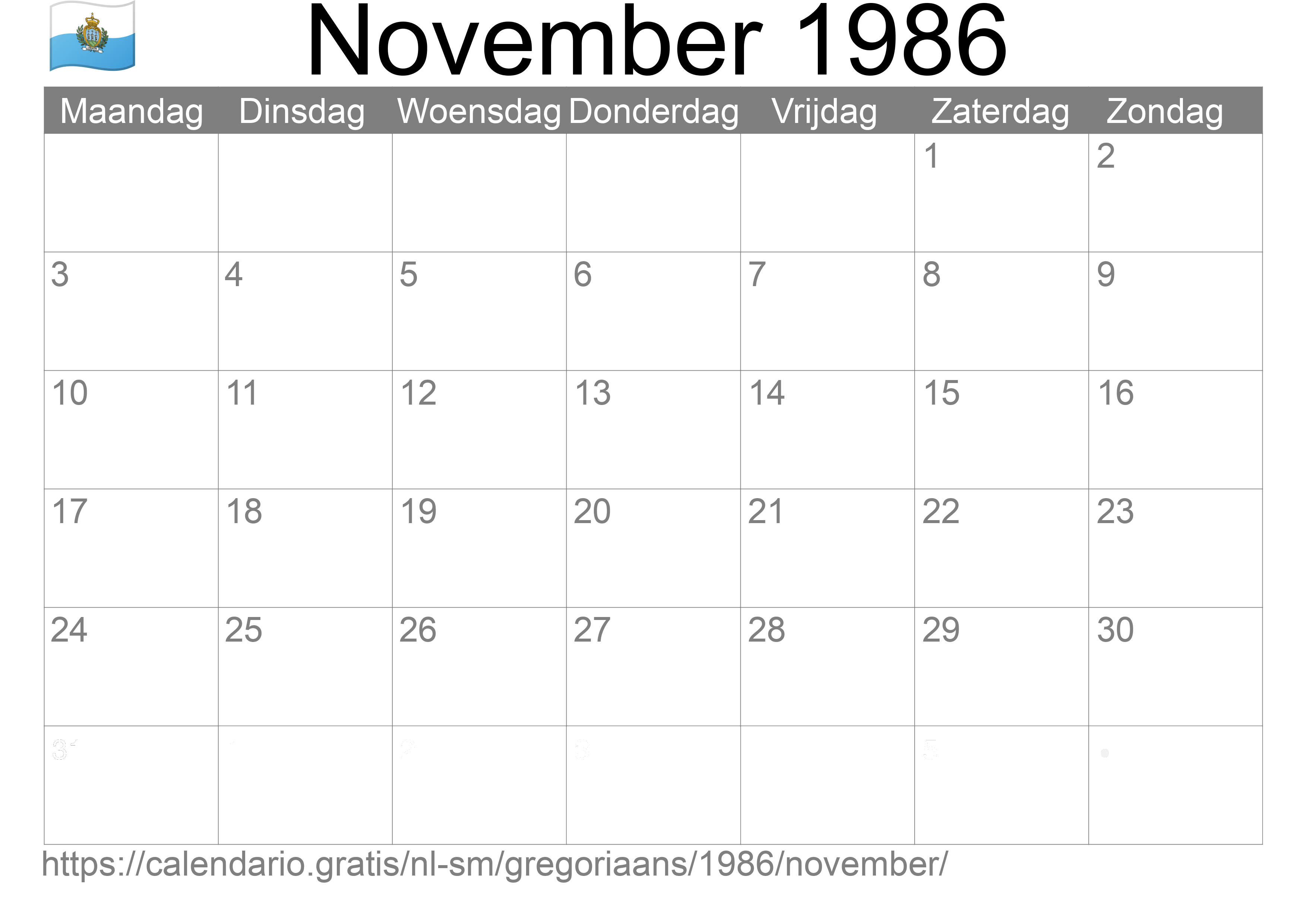 Kalender November 1986 om af te drukken