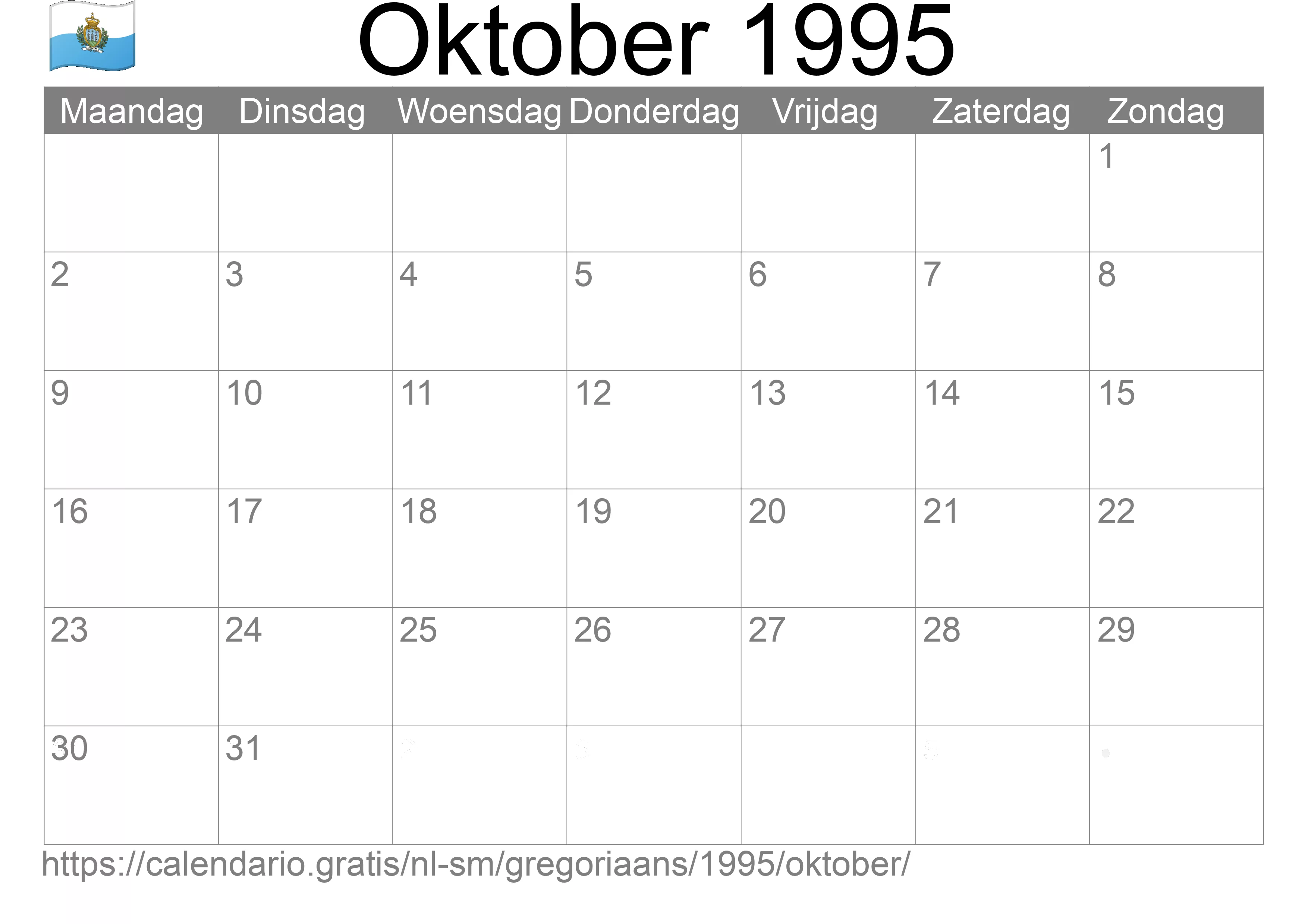 Kalender Oktober 1995 om af te drukken (San Marino)