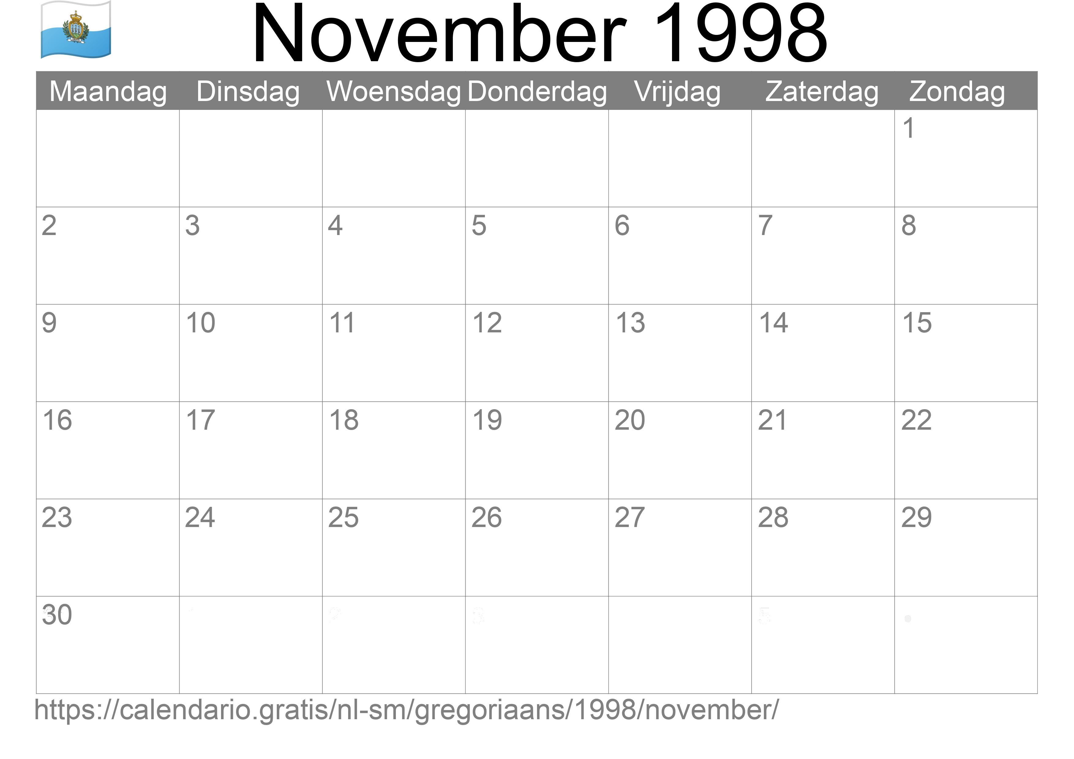 Kalender November 1998 om af te drukken