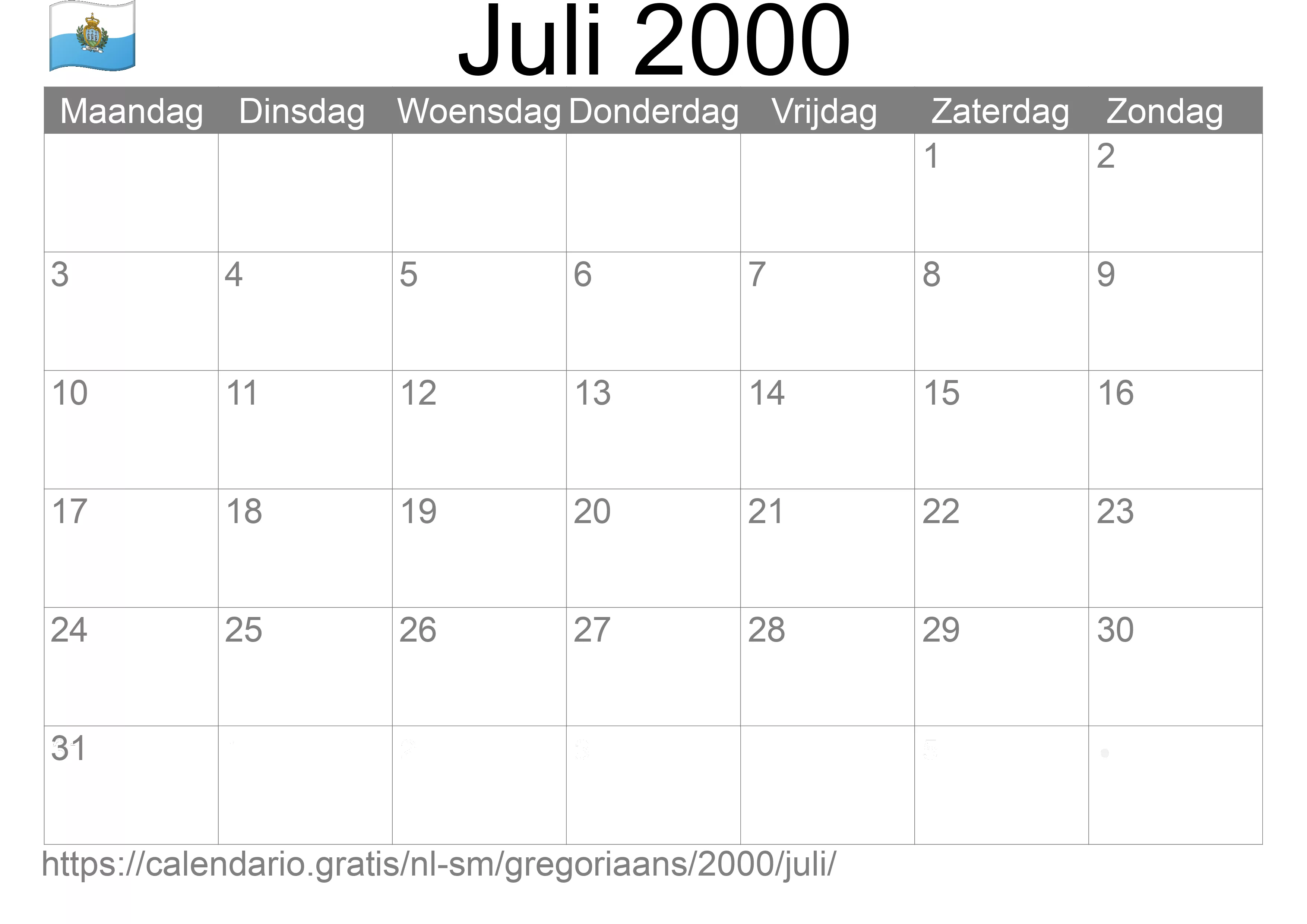 Kalender Juli 2000 om af te drukken (San Marino)