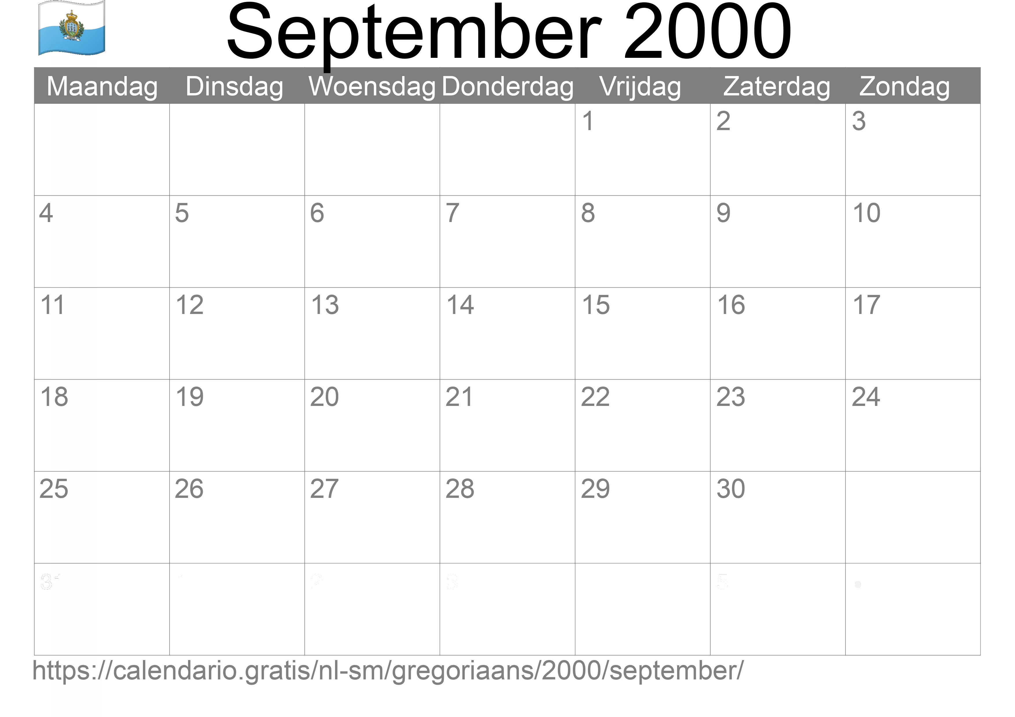 Kalender September 2000 om af te drukken (San Marino)