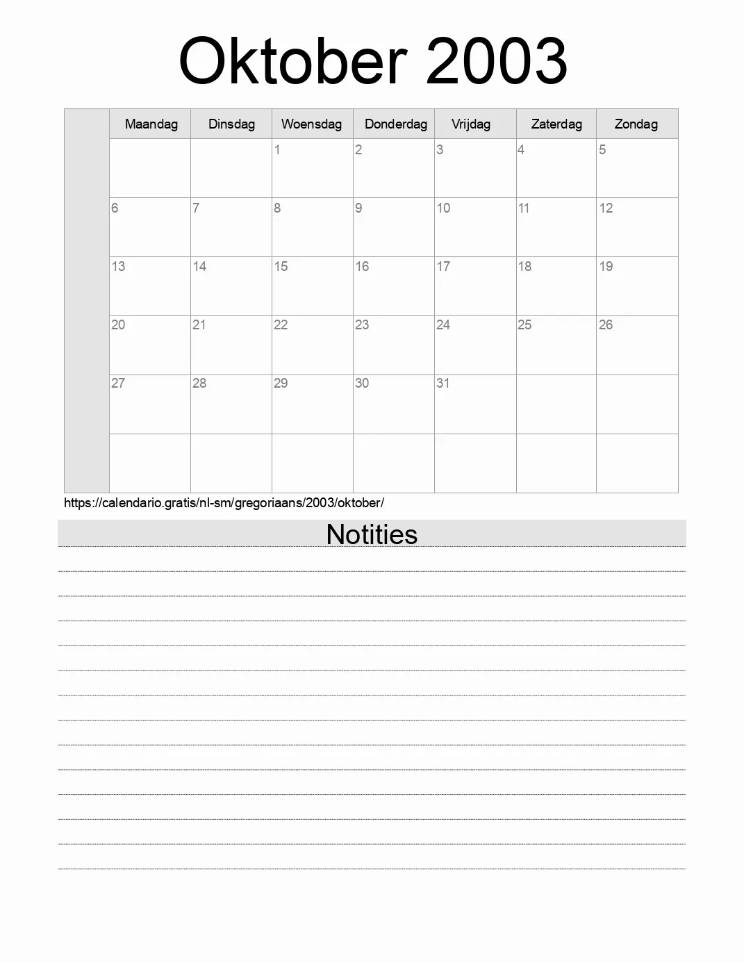 Kalender voor Oktober 2003 om af te drukken met notities. (San Marino)