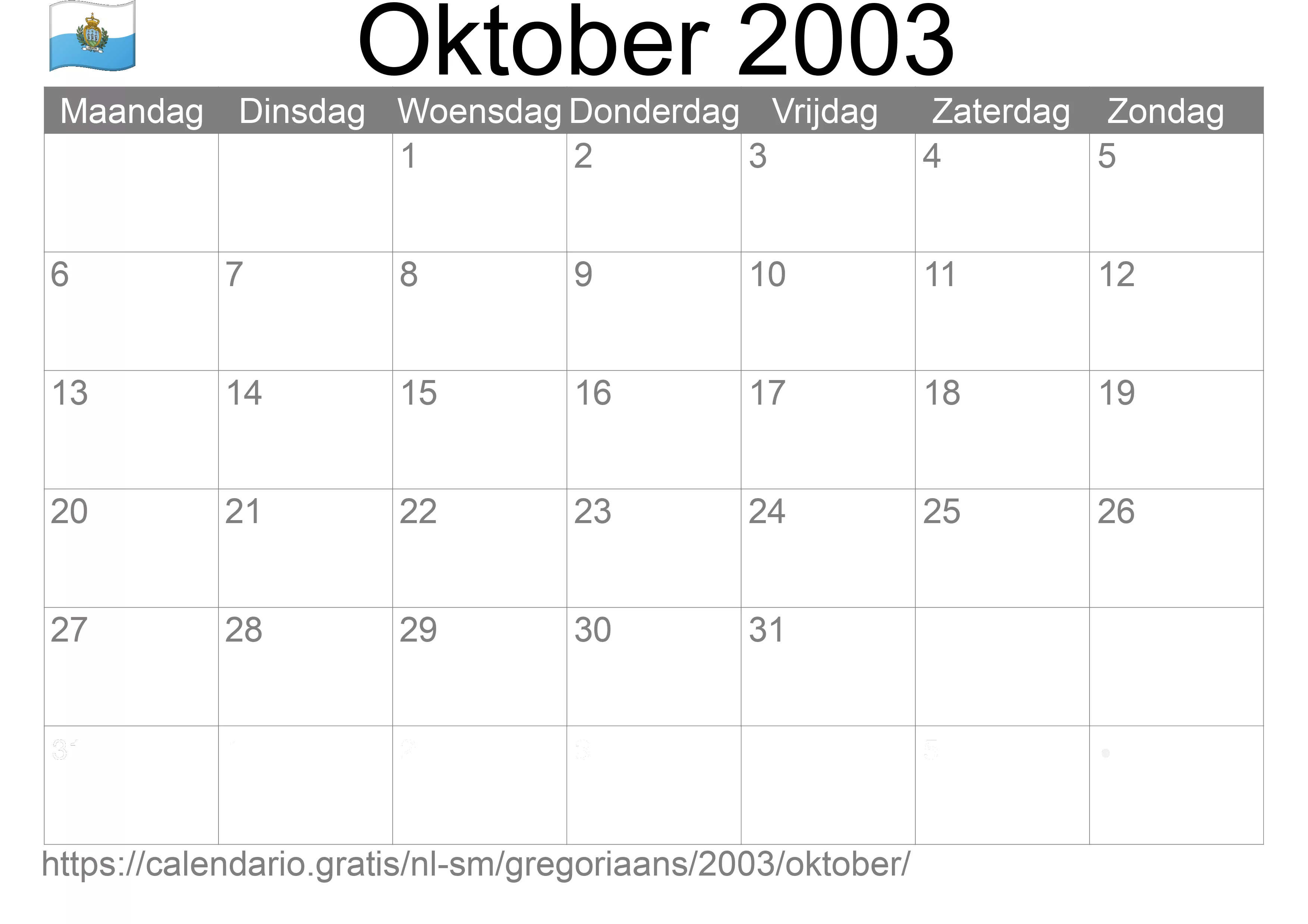 Kalender Oktober 2003 om af te drukken (San Marino)