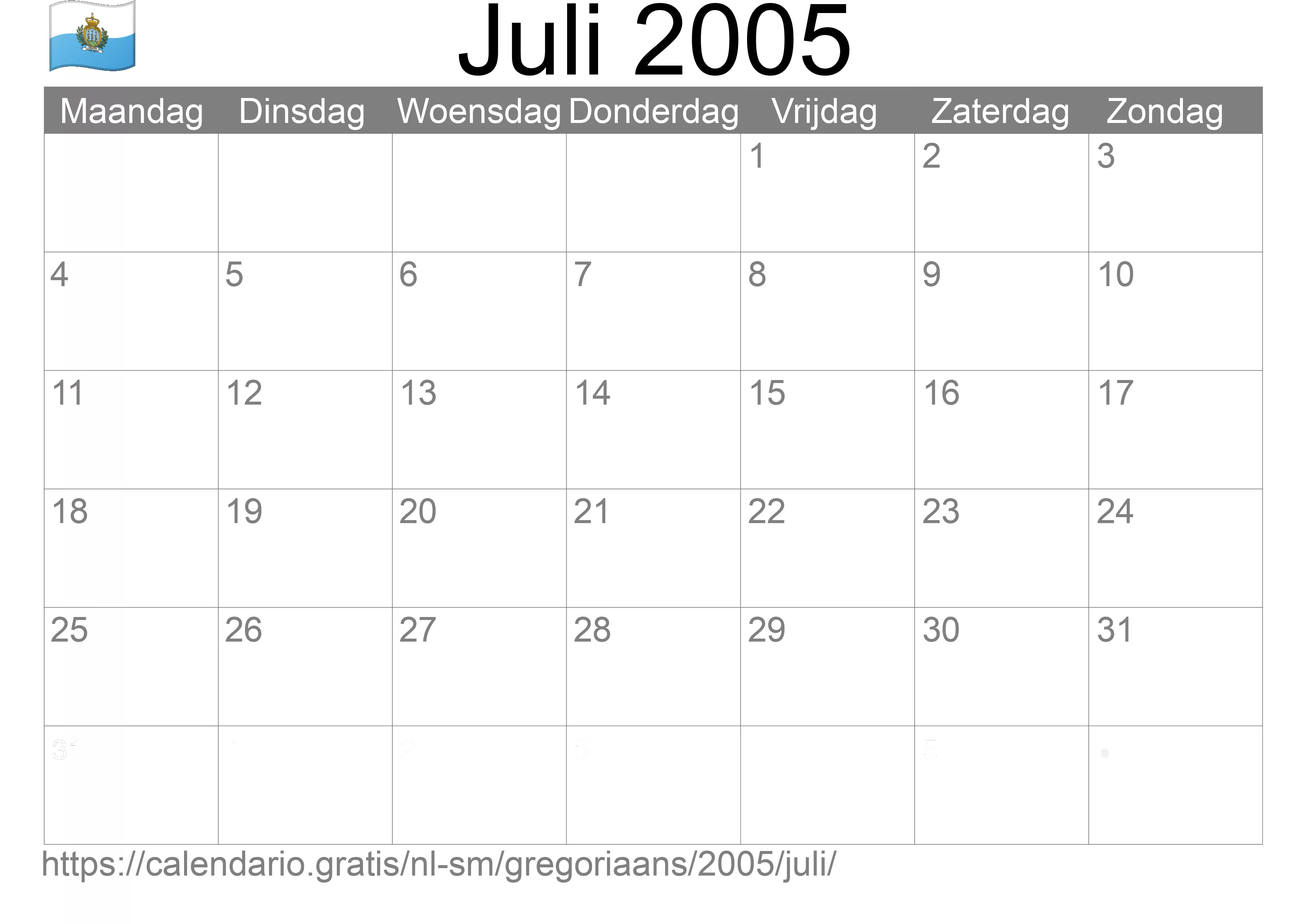 Kalender Juli 2005 om af te drukken (San Marino)