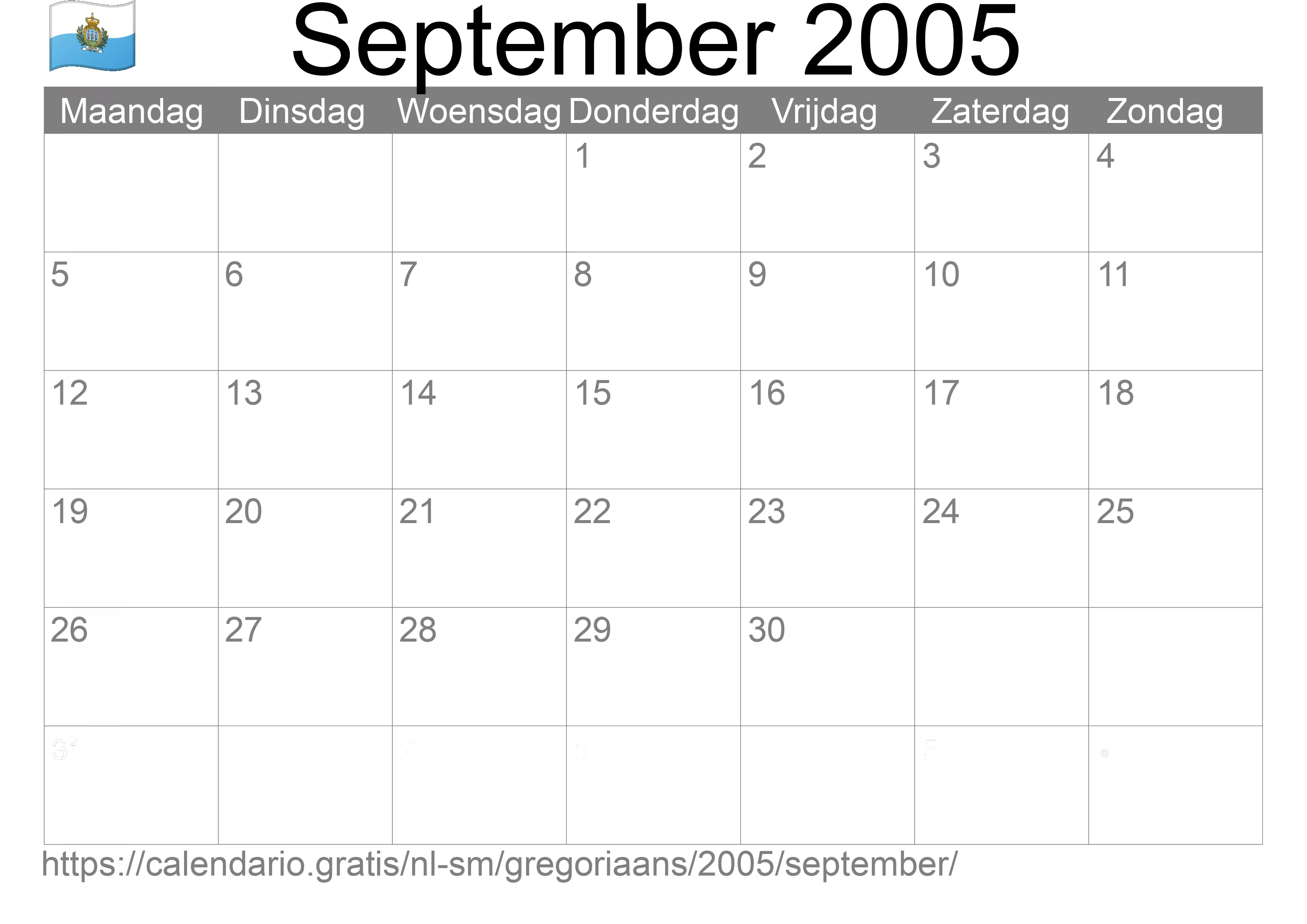 Kalender September 2005 om af te drukken (San Marino)