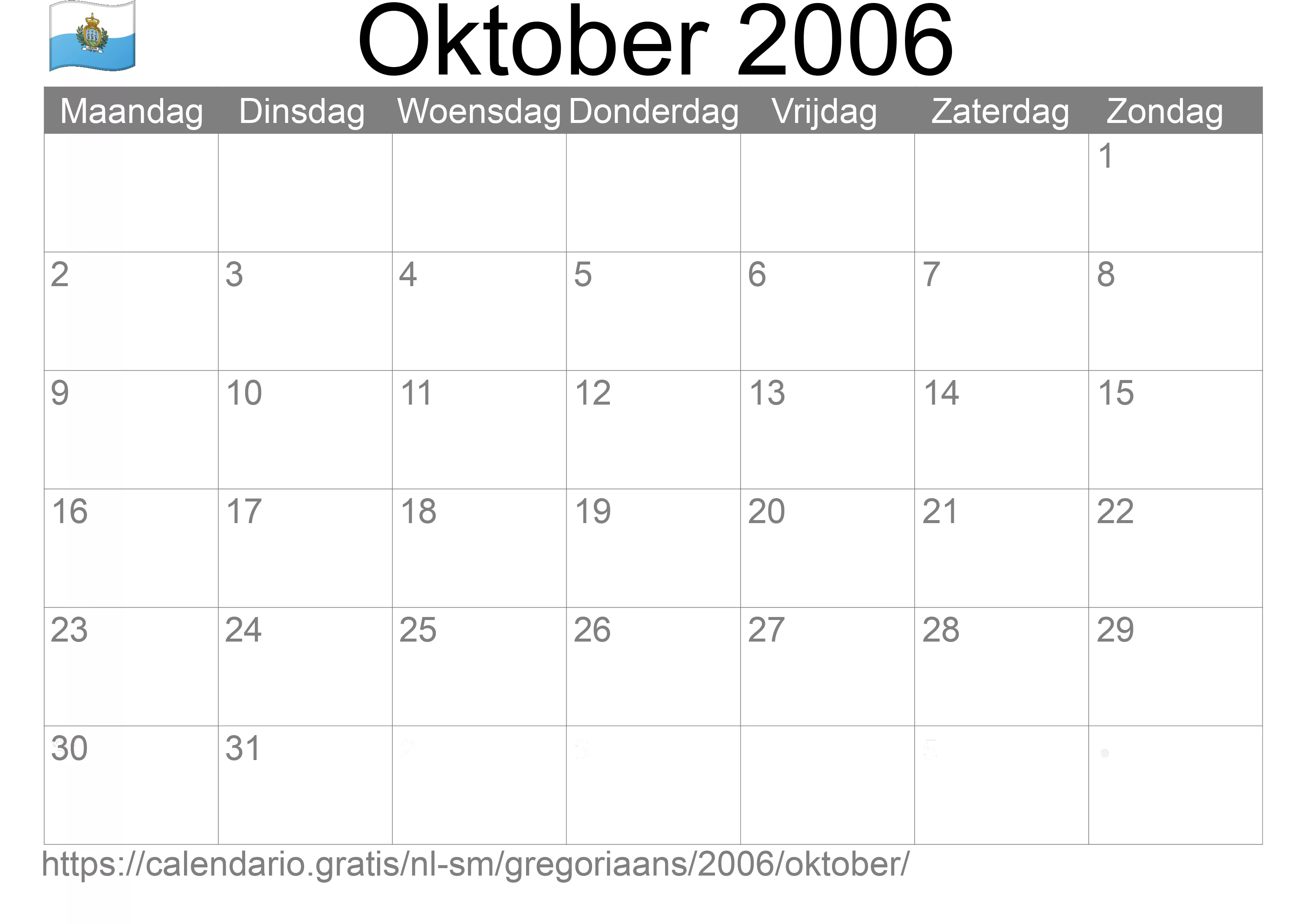 Kalender Oktober 2006 om af te drukken (San Marino)