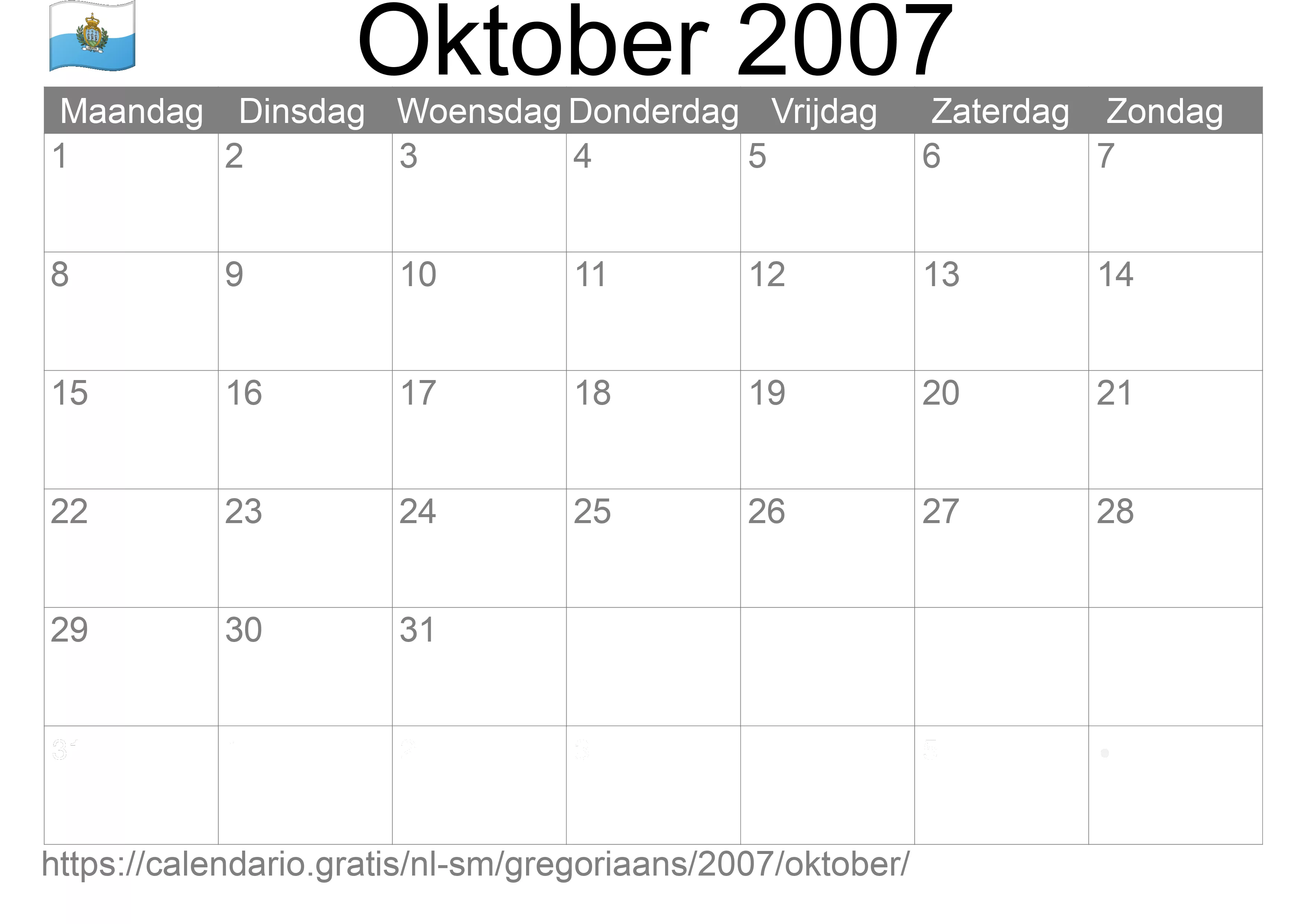 Kalender Oktober 2007 om af te drukken (San Marino)