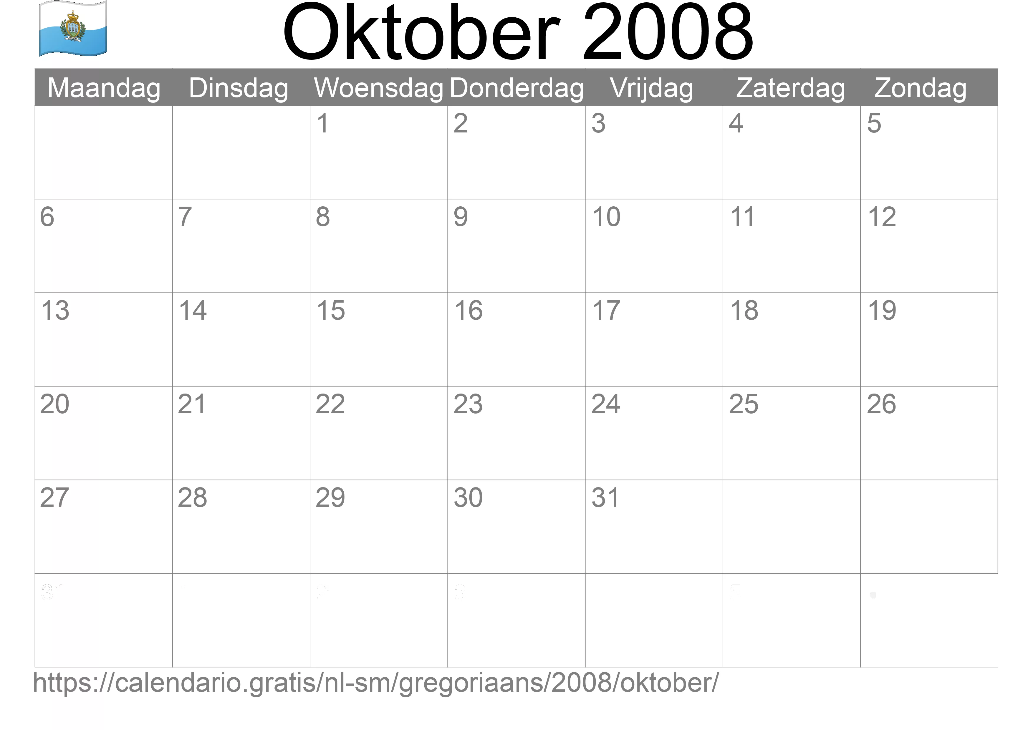 Kalender Oktober 2008 om af te drukken (San Marino)