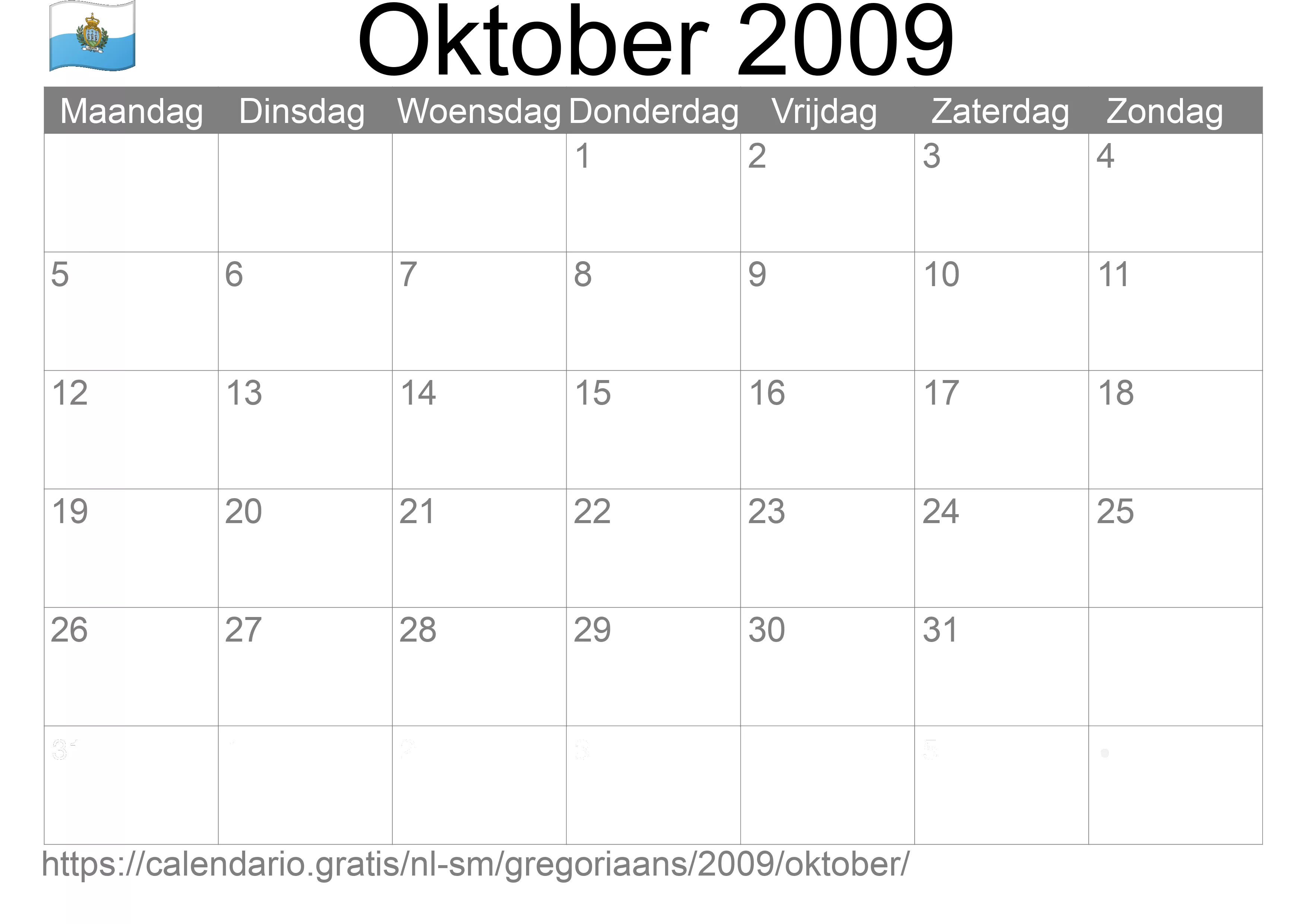 Kalender Oktober 2009 om af te drukken (San Marino)