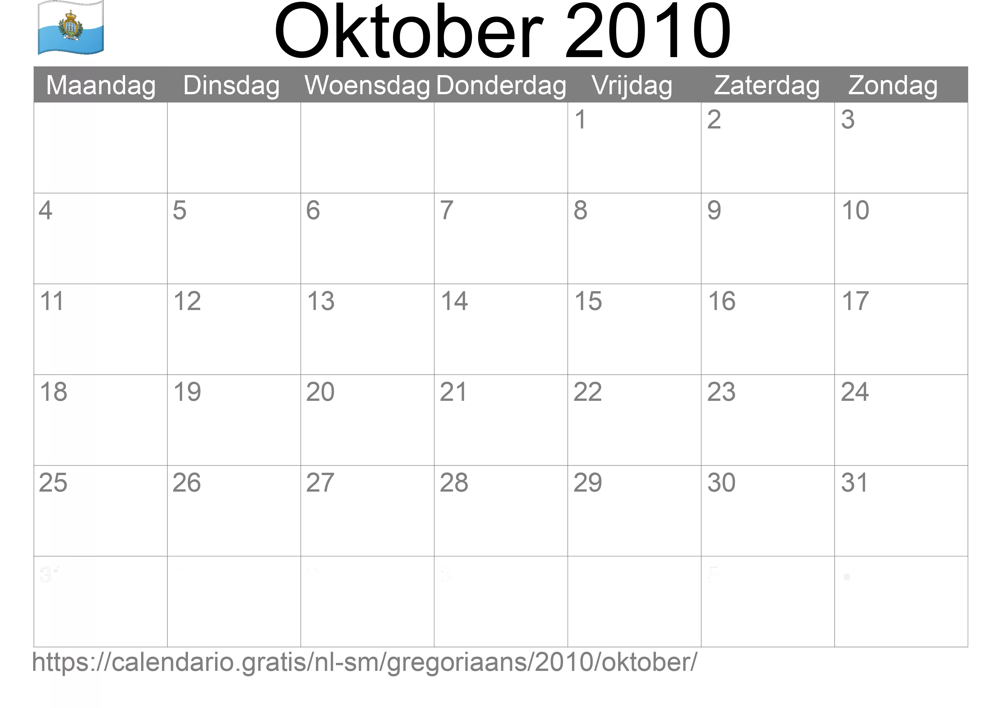 Kalender Oktober 2010 om af te drukken (San Marino)