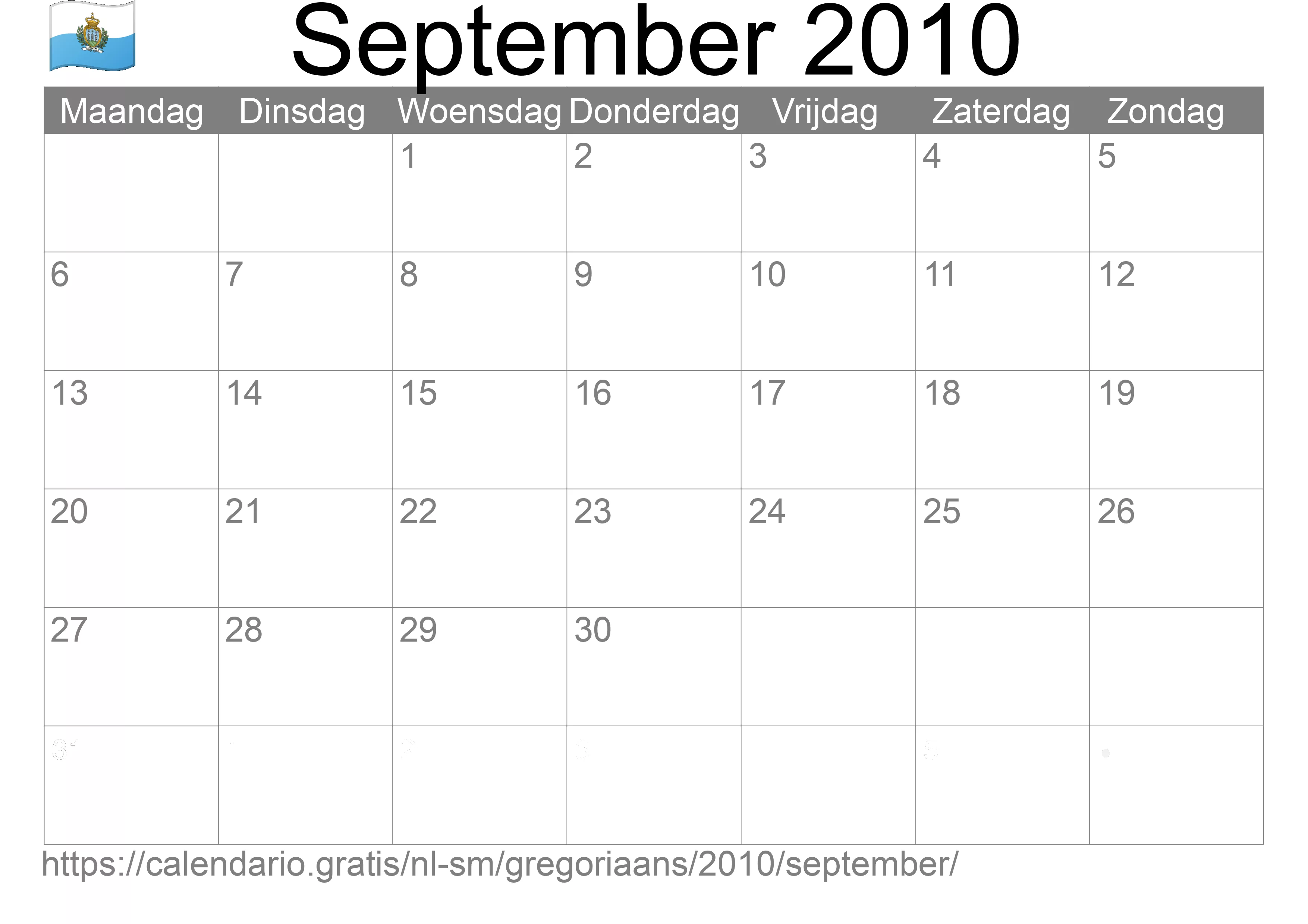 Kalender September 2010 om af te drukken (San Marino)