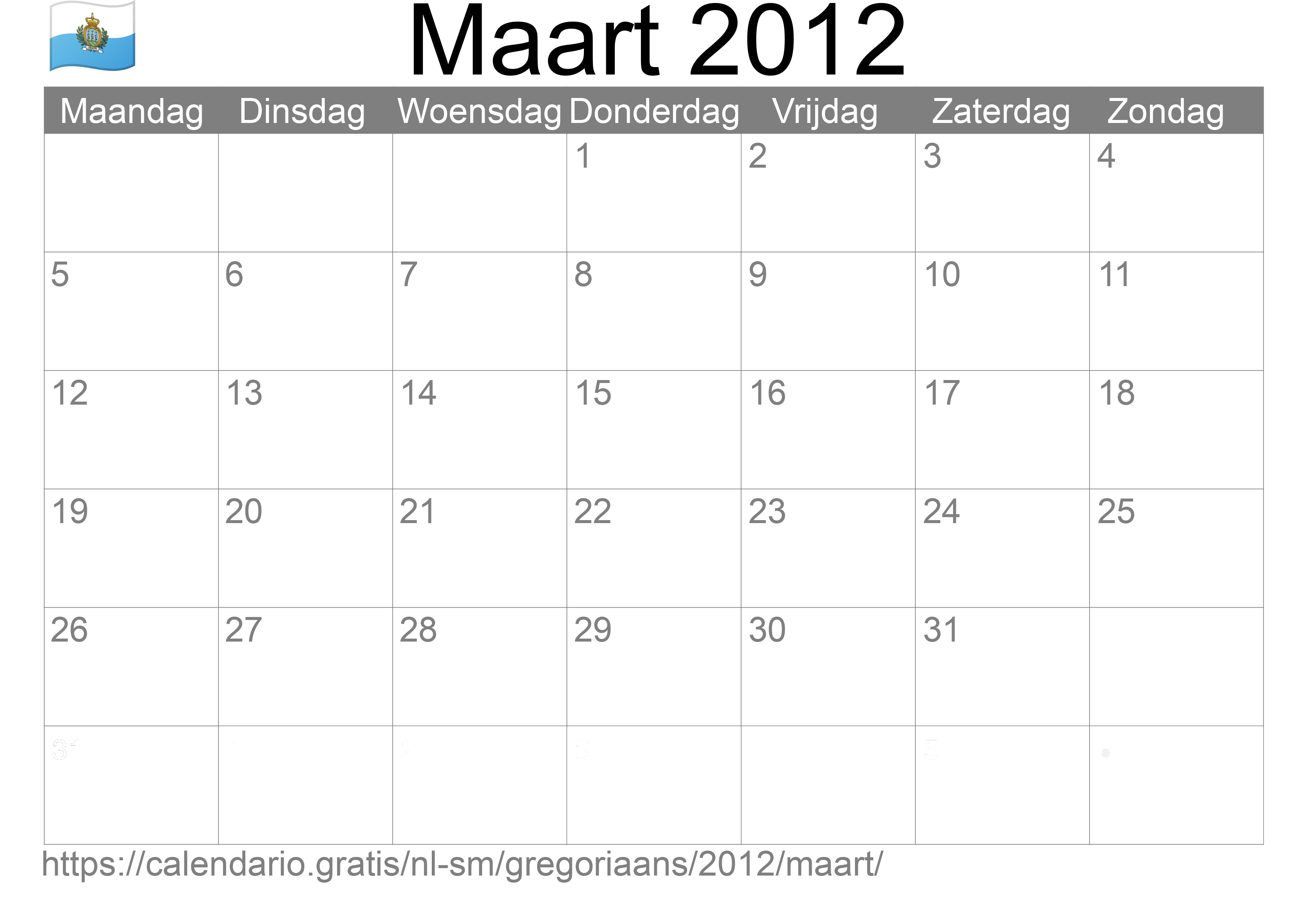 Kalender Maart 2012 om af te drukken