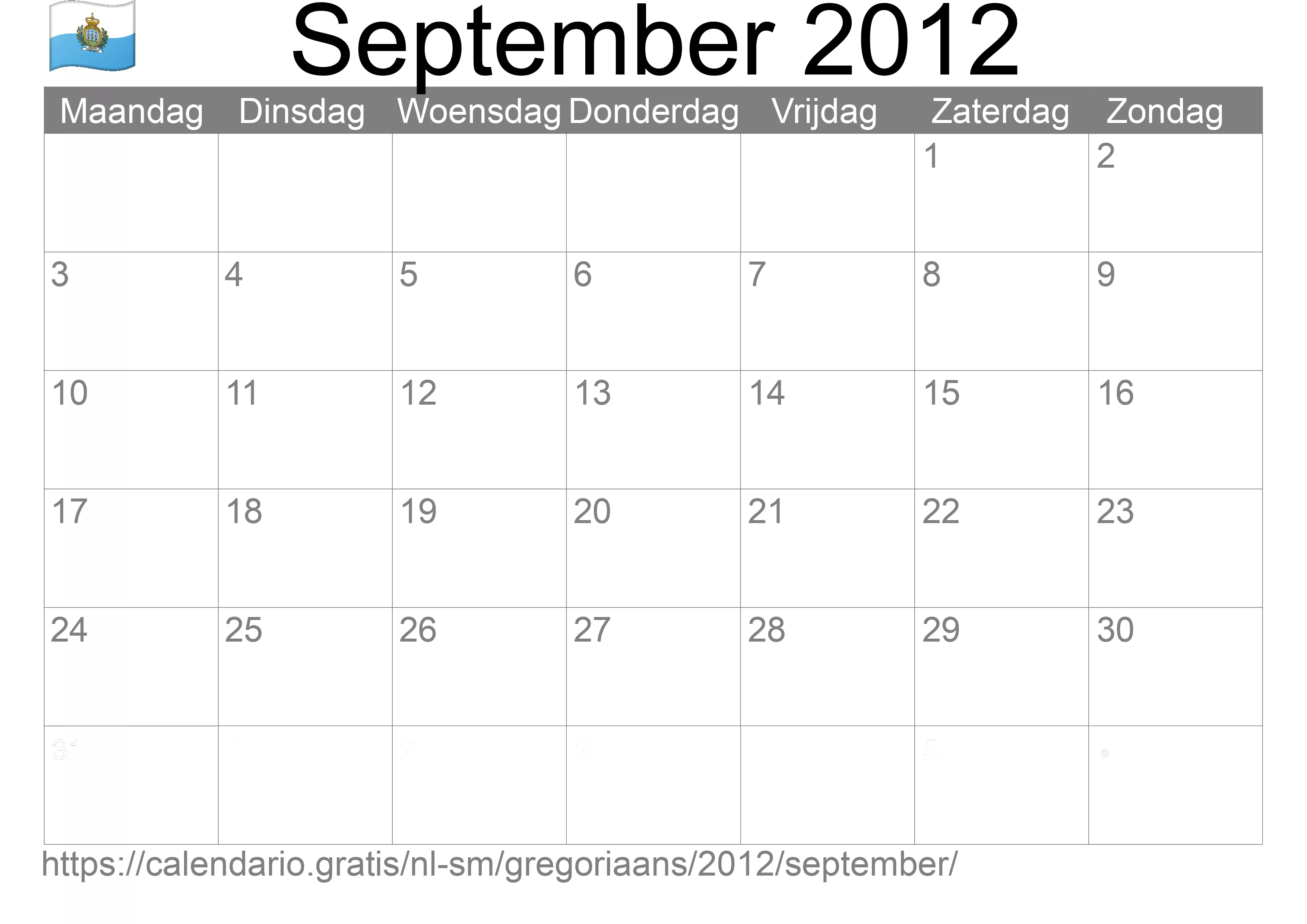 Kalender September 2012 om af te drukken (San Marino)