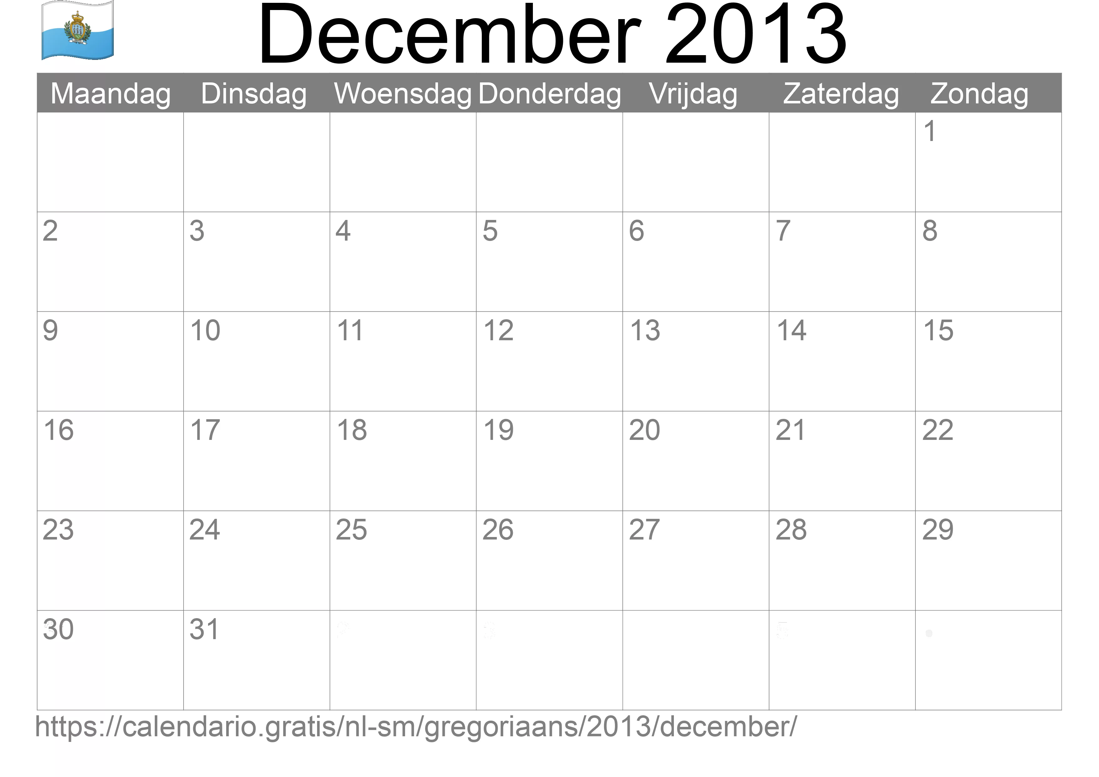 Kalender December 2013 om af te drukken (San Marino)