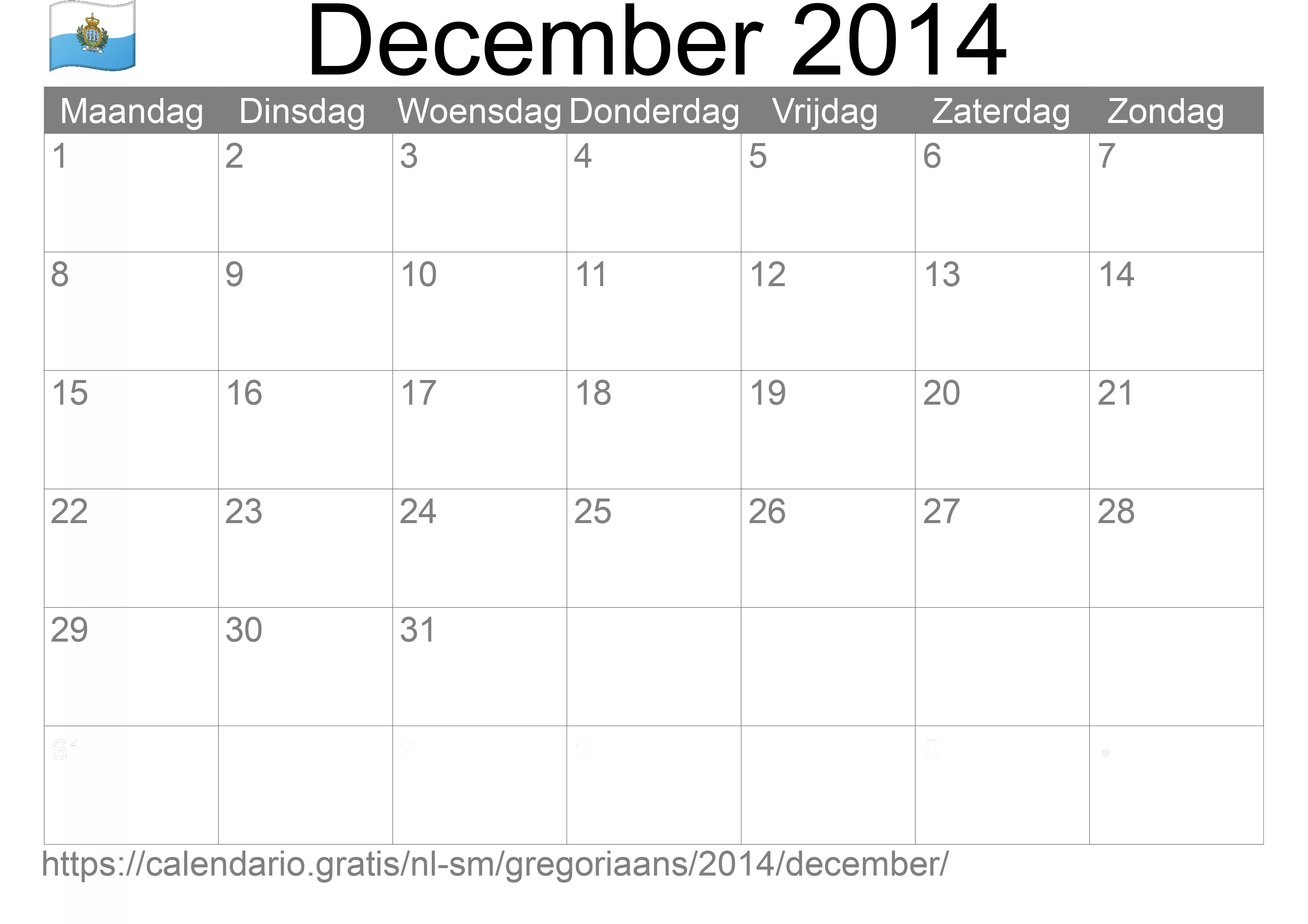 Kalender December 2014 om af te drukken (San Marino)