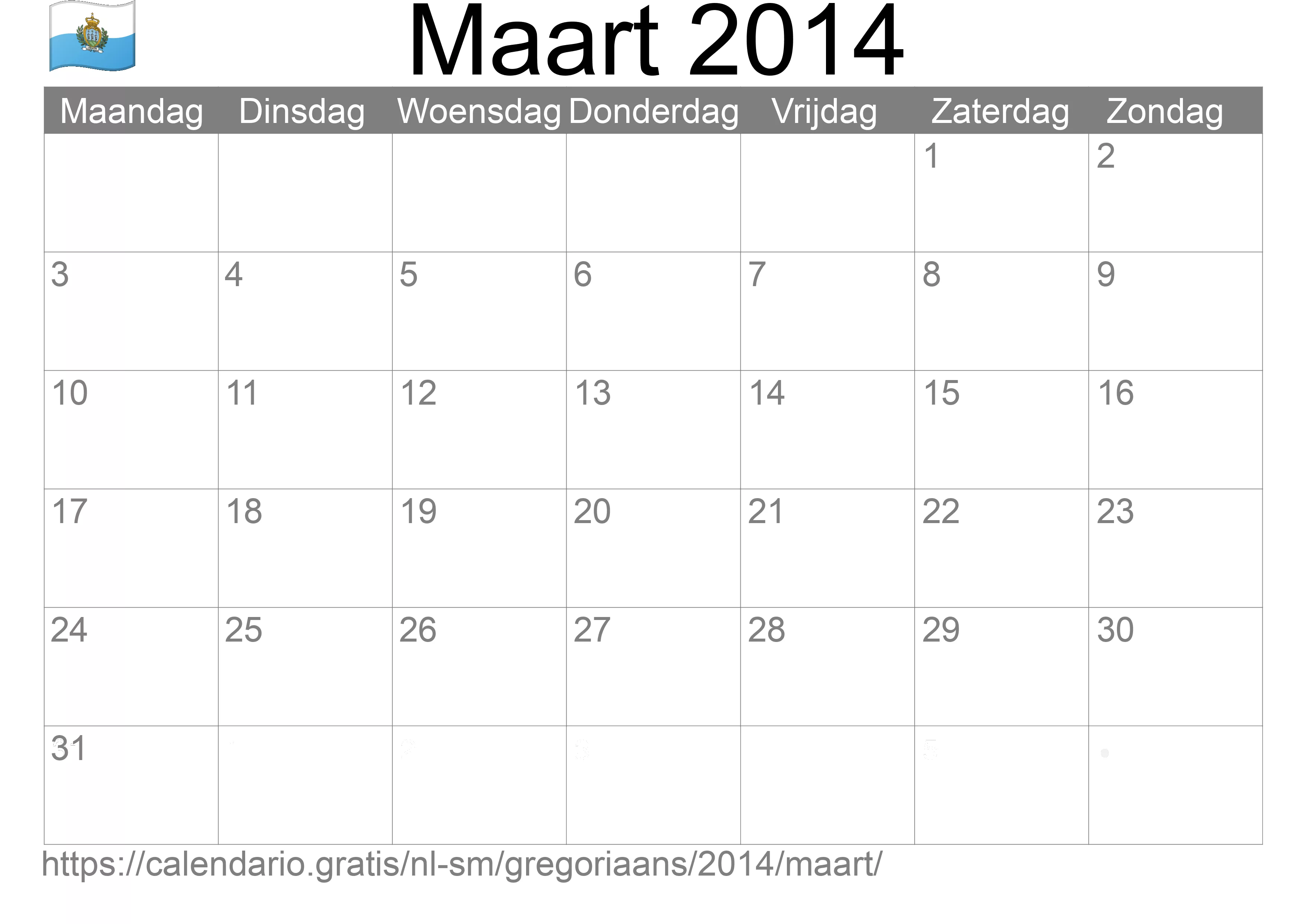 Kalender Maart 2014 om af te drukken (San Marino) Kalender Maart 2014 om af te drukken (San Marino)