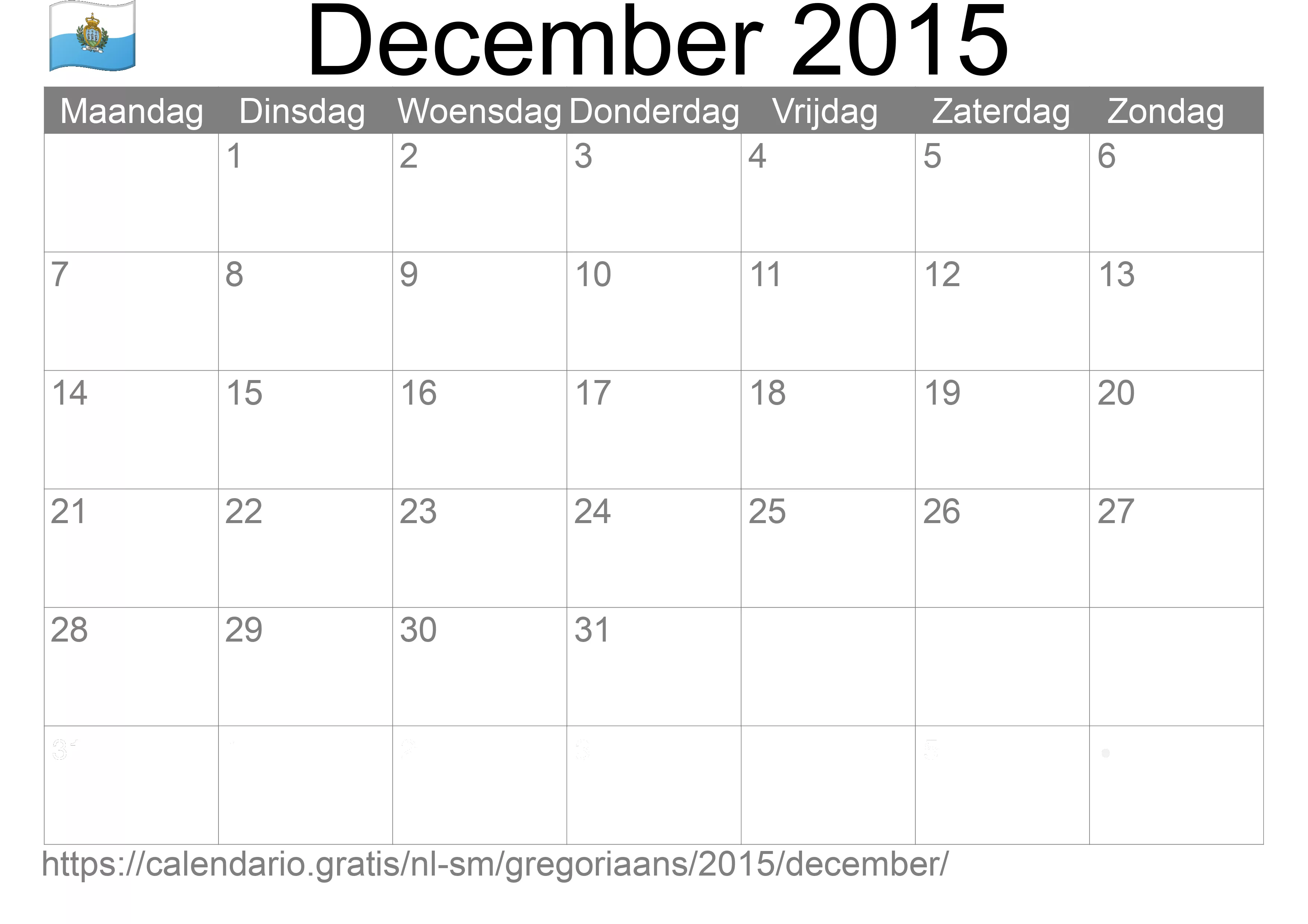 Kalender December 2015 om af te drukken (San Marino)