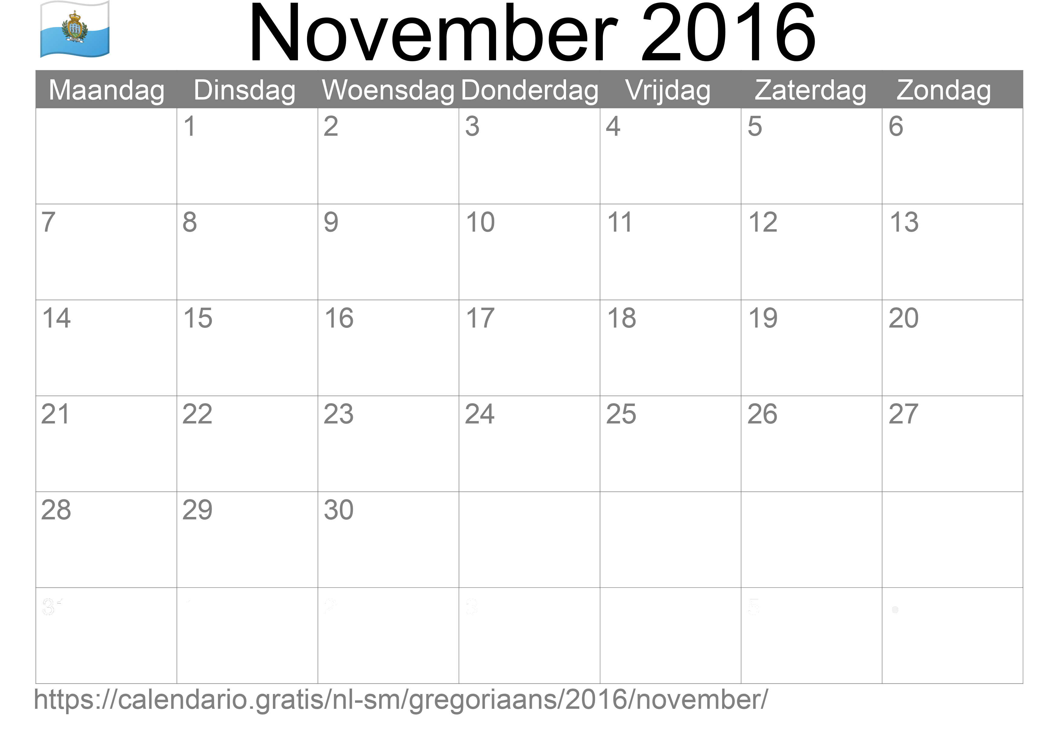 Kalender November 2016 om af te drukken