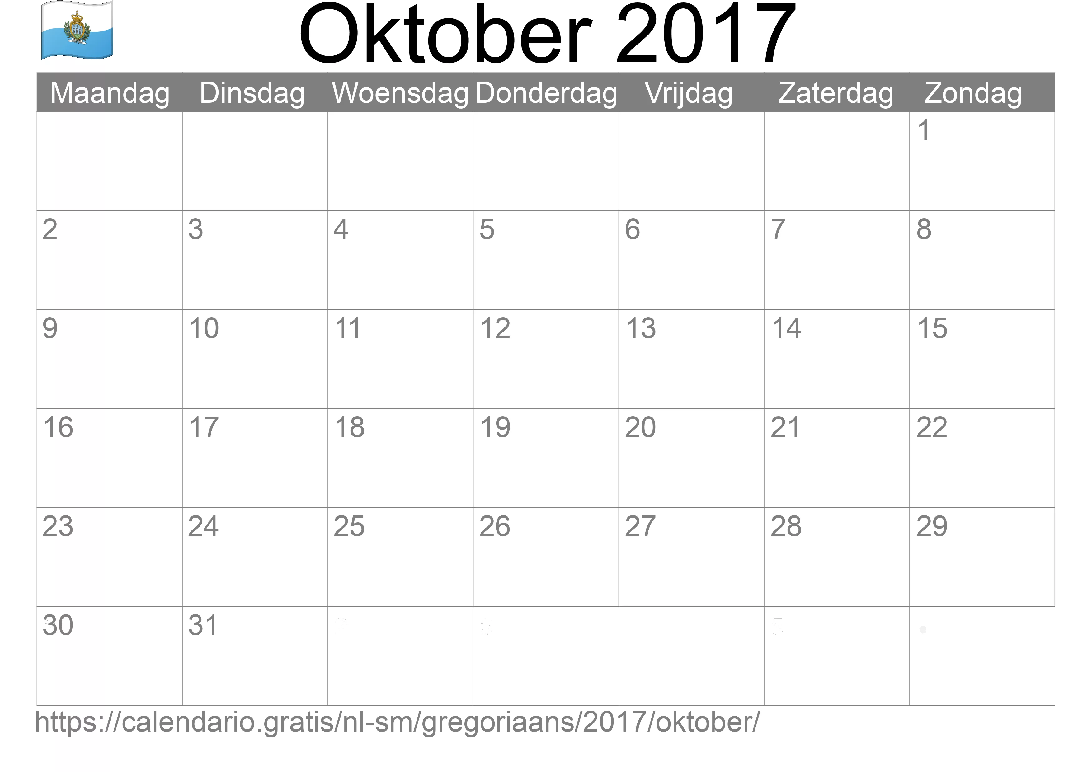Kalender Oktober 2017 om af te drukken (San Marino)