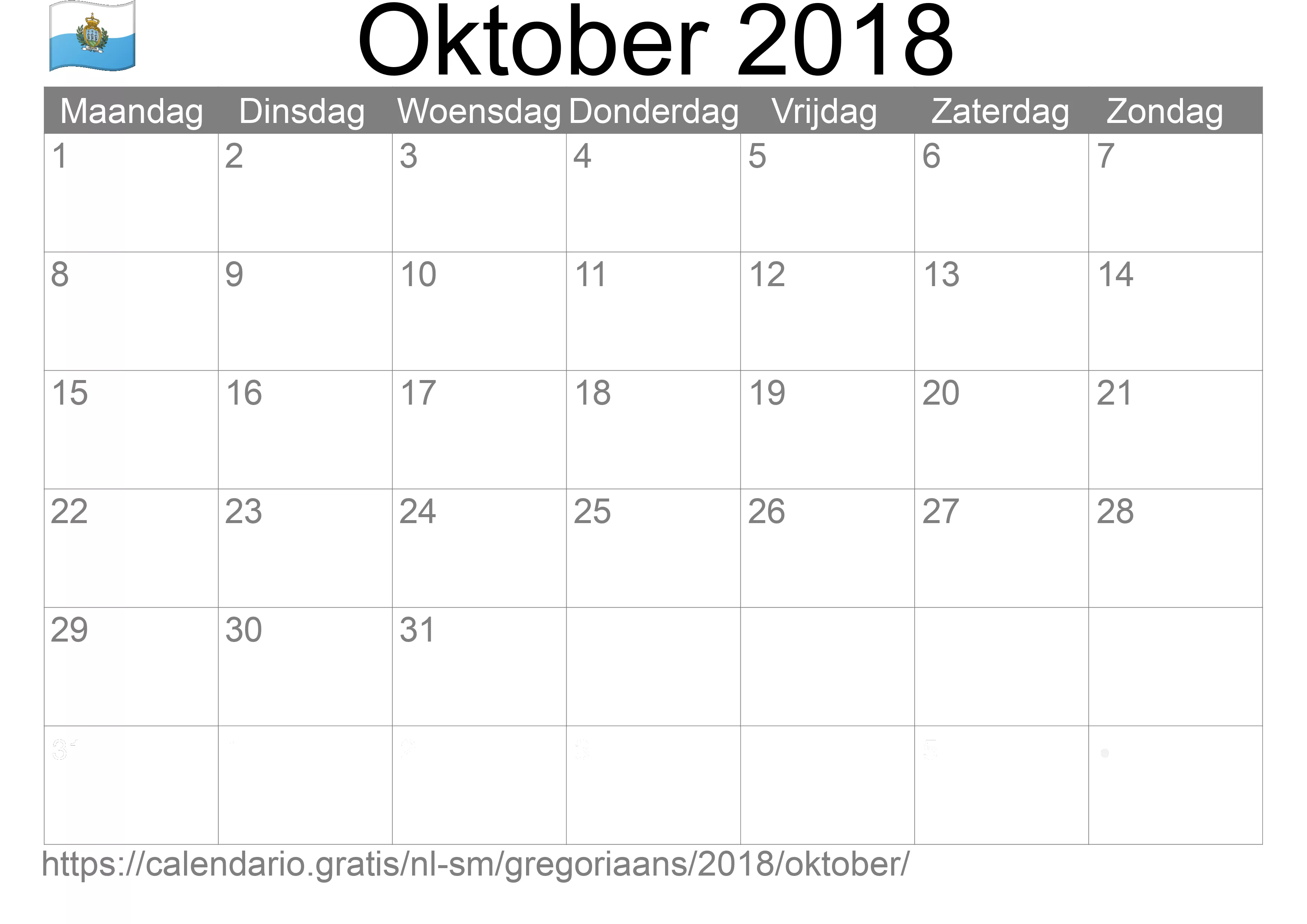 Kalender Oktober 2018 om af te drukken (San Marino)