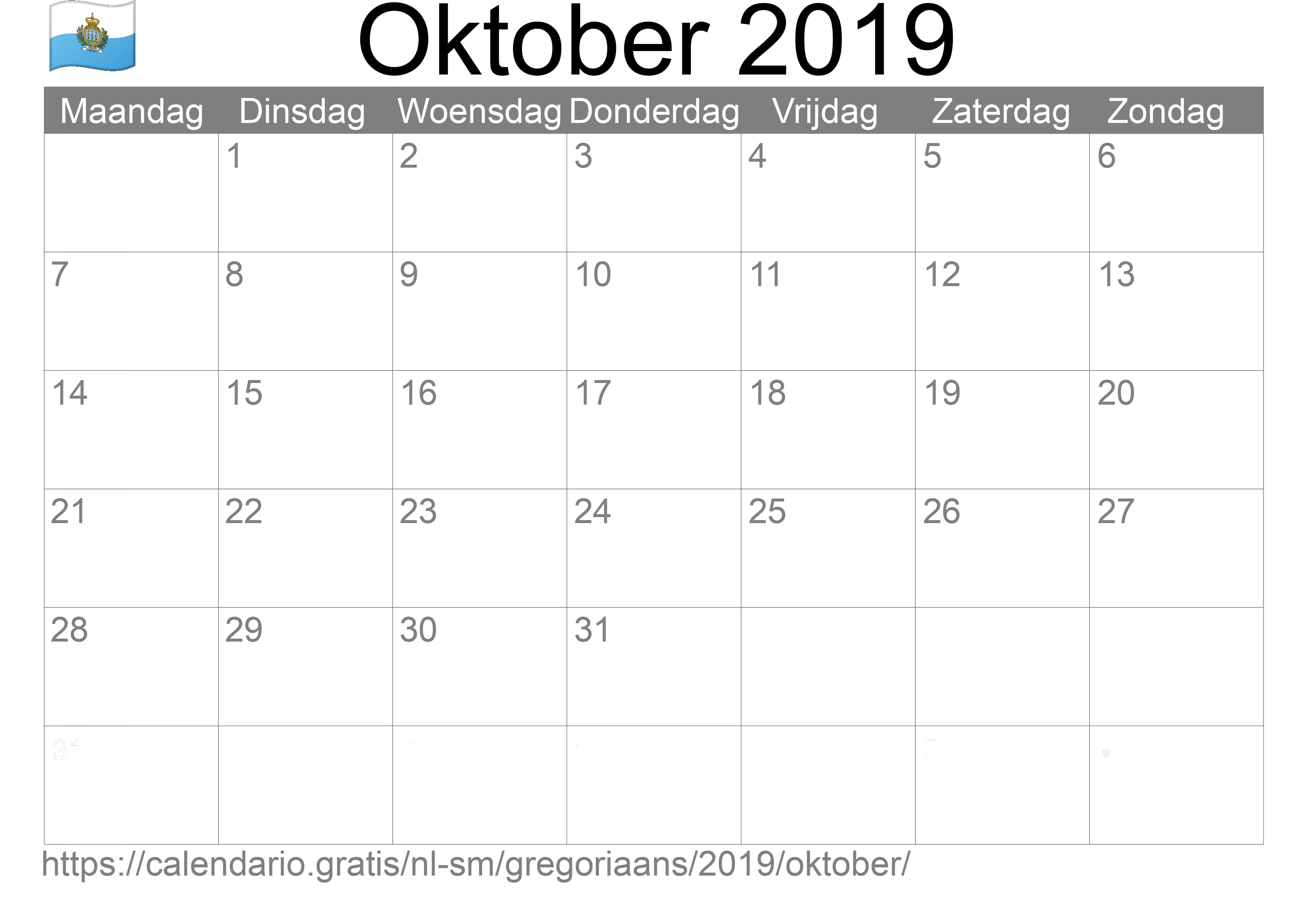 Kalender Oktober 2019 om af te drukken (San Marino)
