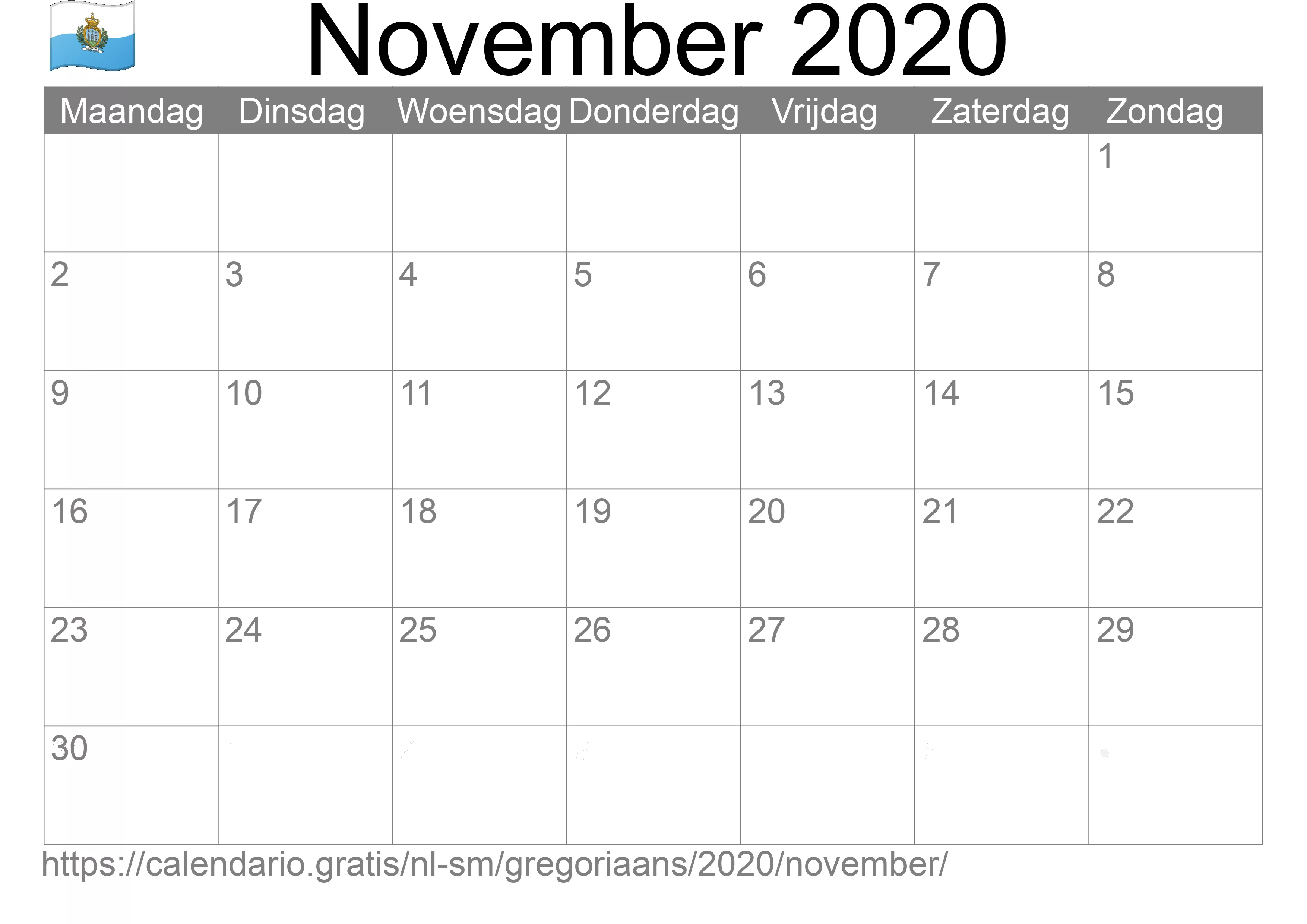 Kalender November 2020 om af te drukken (San Marino)