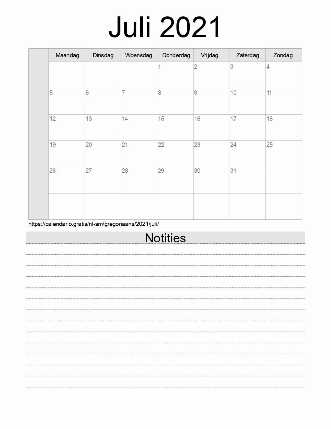 Kalender voor Juli 2021 om af te drukken met notities. (San Marino)