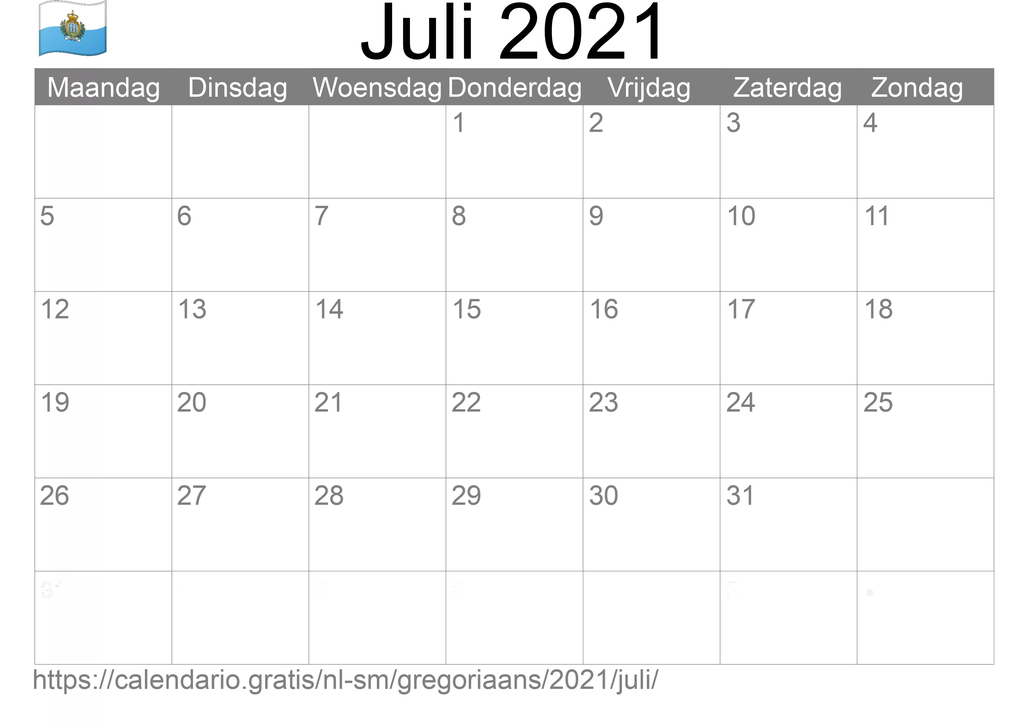 Kalender Juli 2021 om af te drukken (San Marino)