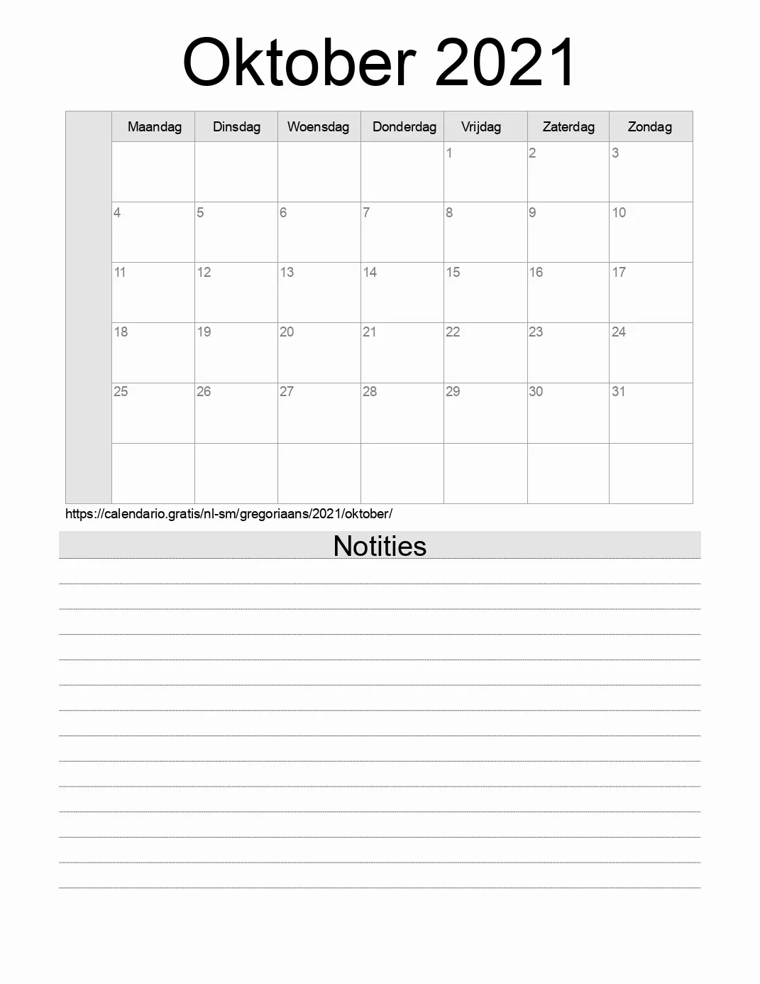 Kalender voor Oktober 2021 om af te drukken met notities. (San Marino)