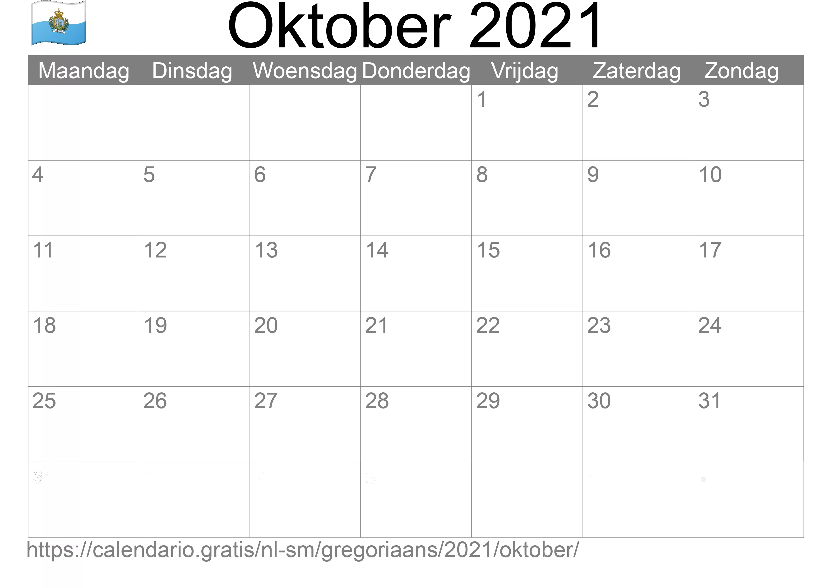 Kalender Oktober 2021 om af te drukken (San Marino)