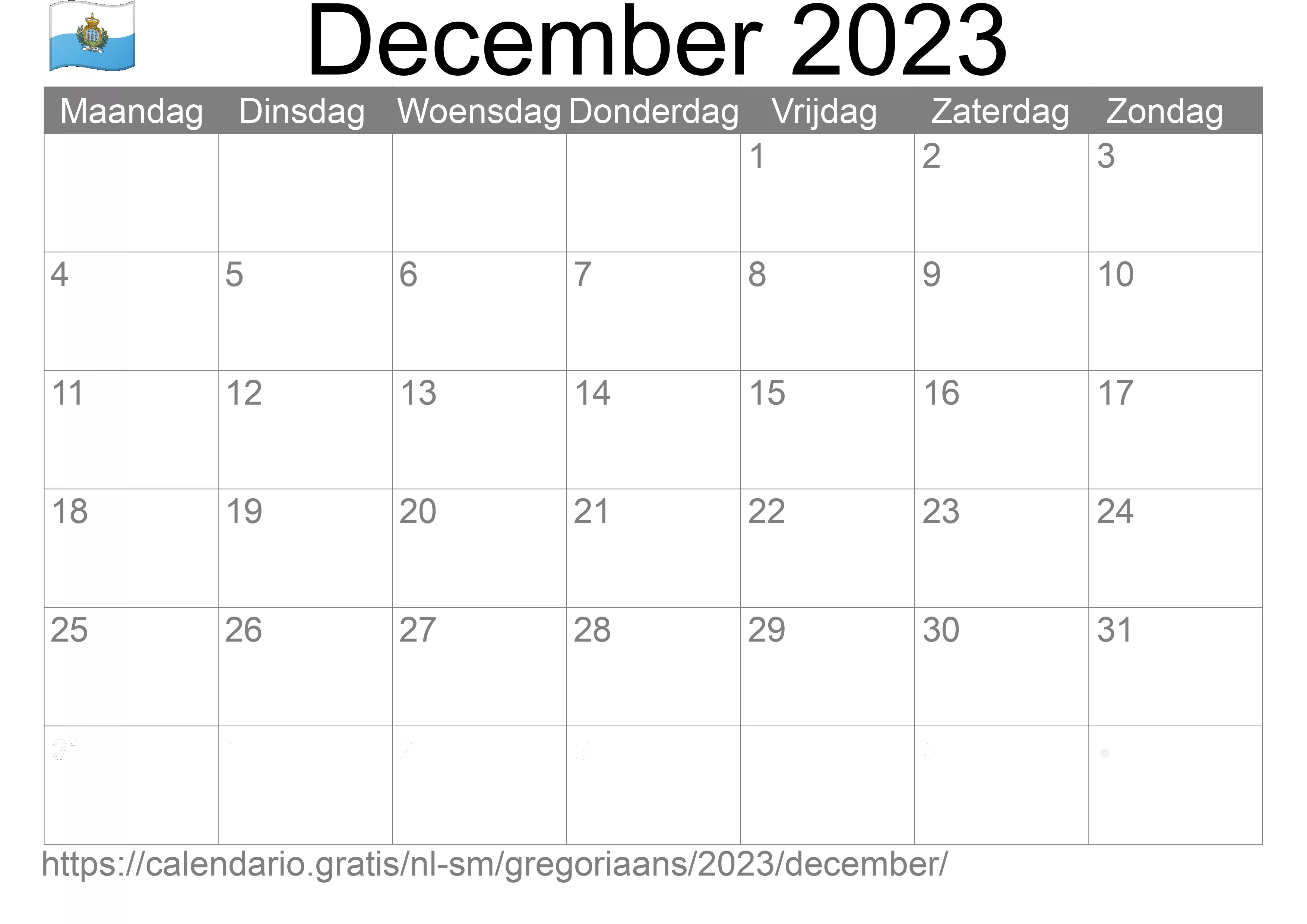 Kalender December 2023 om af te drukken (San Marino)