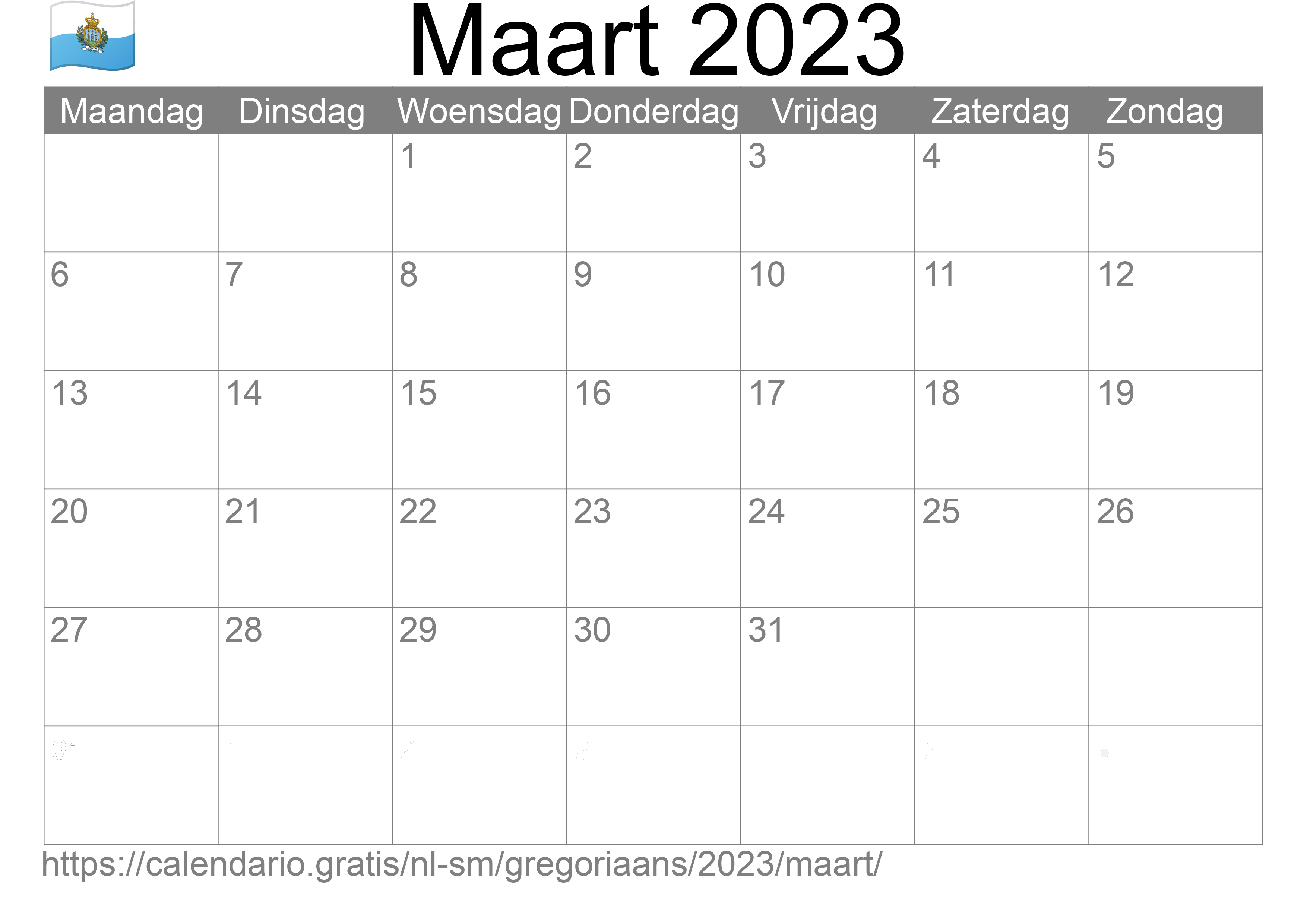 Kalender Maart 2023 om af te drukken