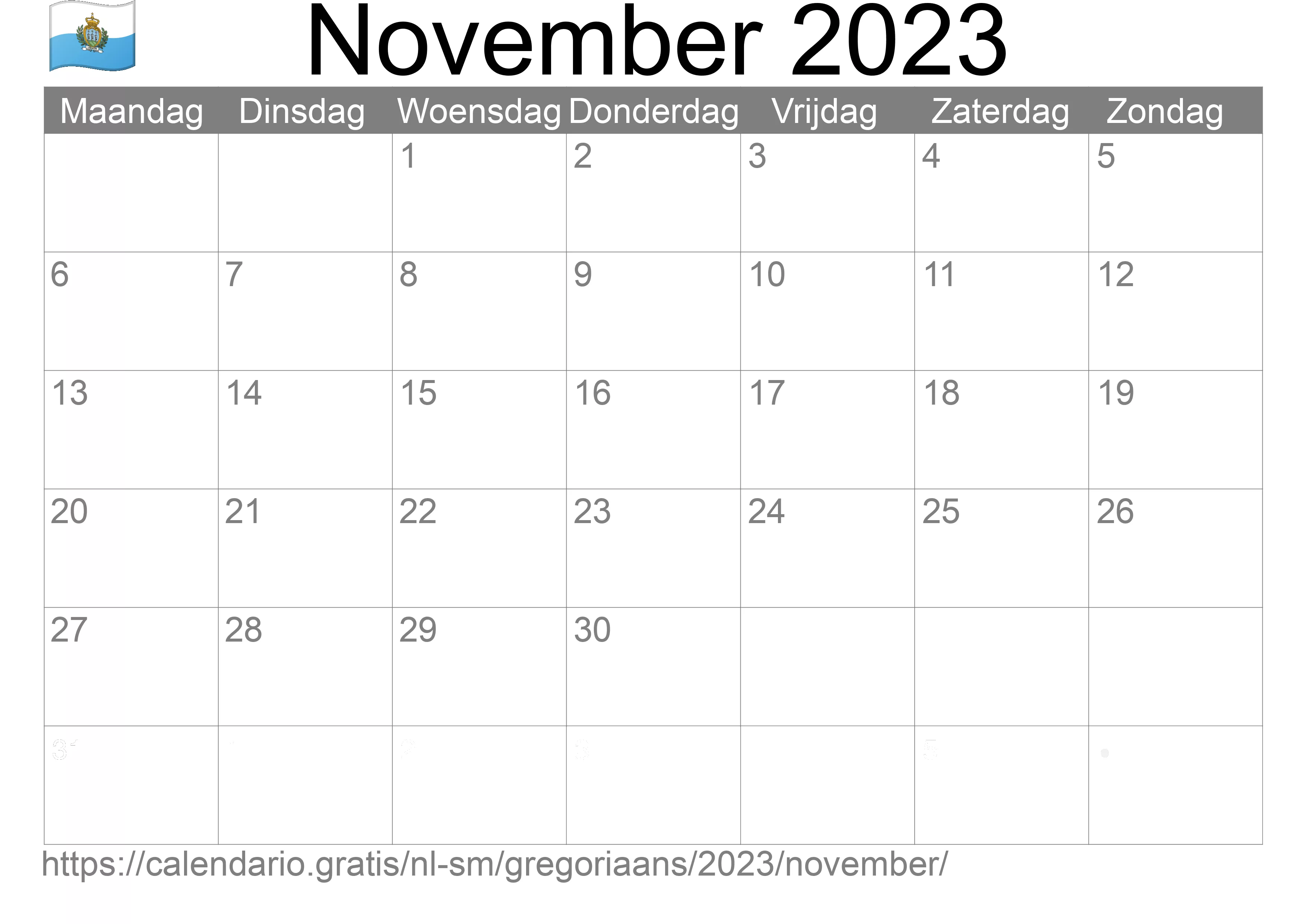 Kalender November 2023 om af te drukken (San Marino)