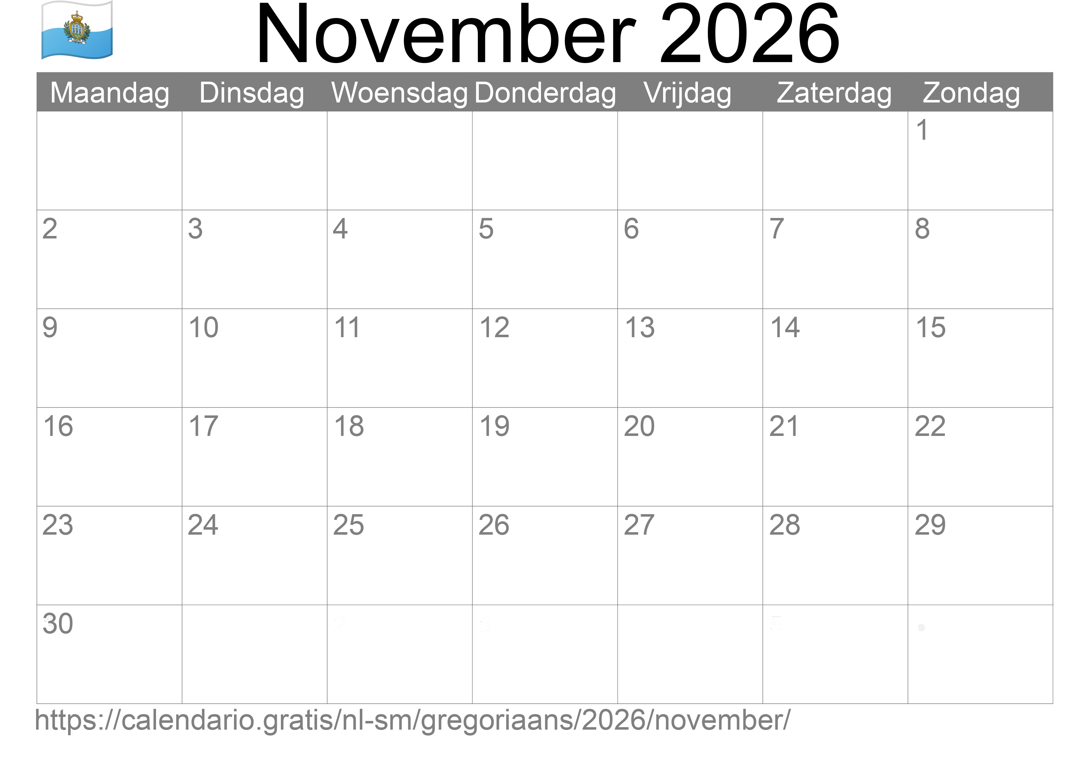 Kalender November 2026 om af te drukken