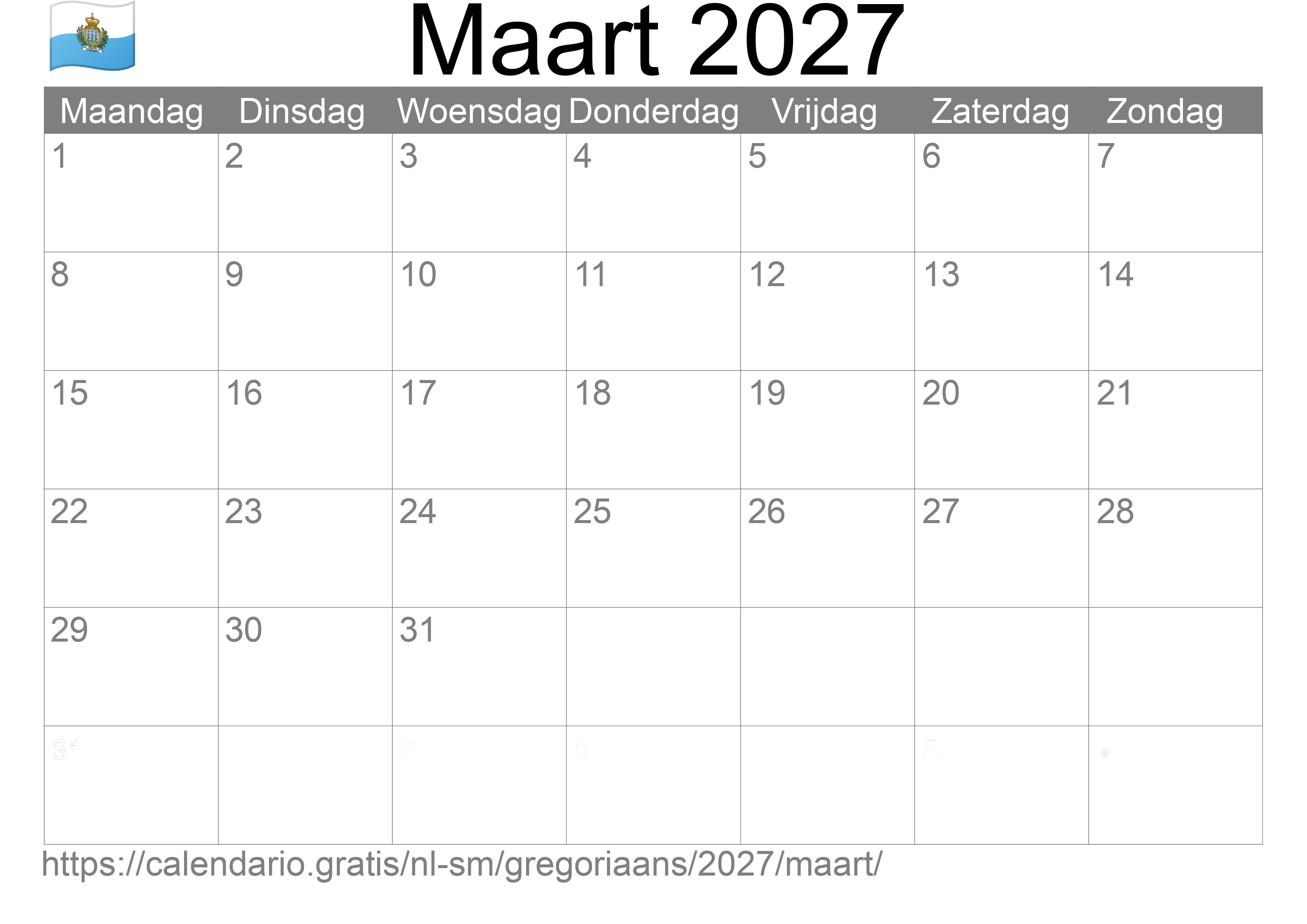 Kalender Maart 2027 om af te drukken