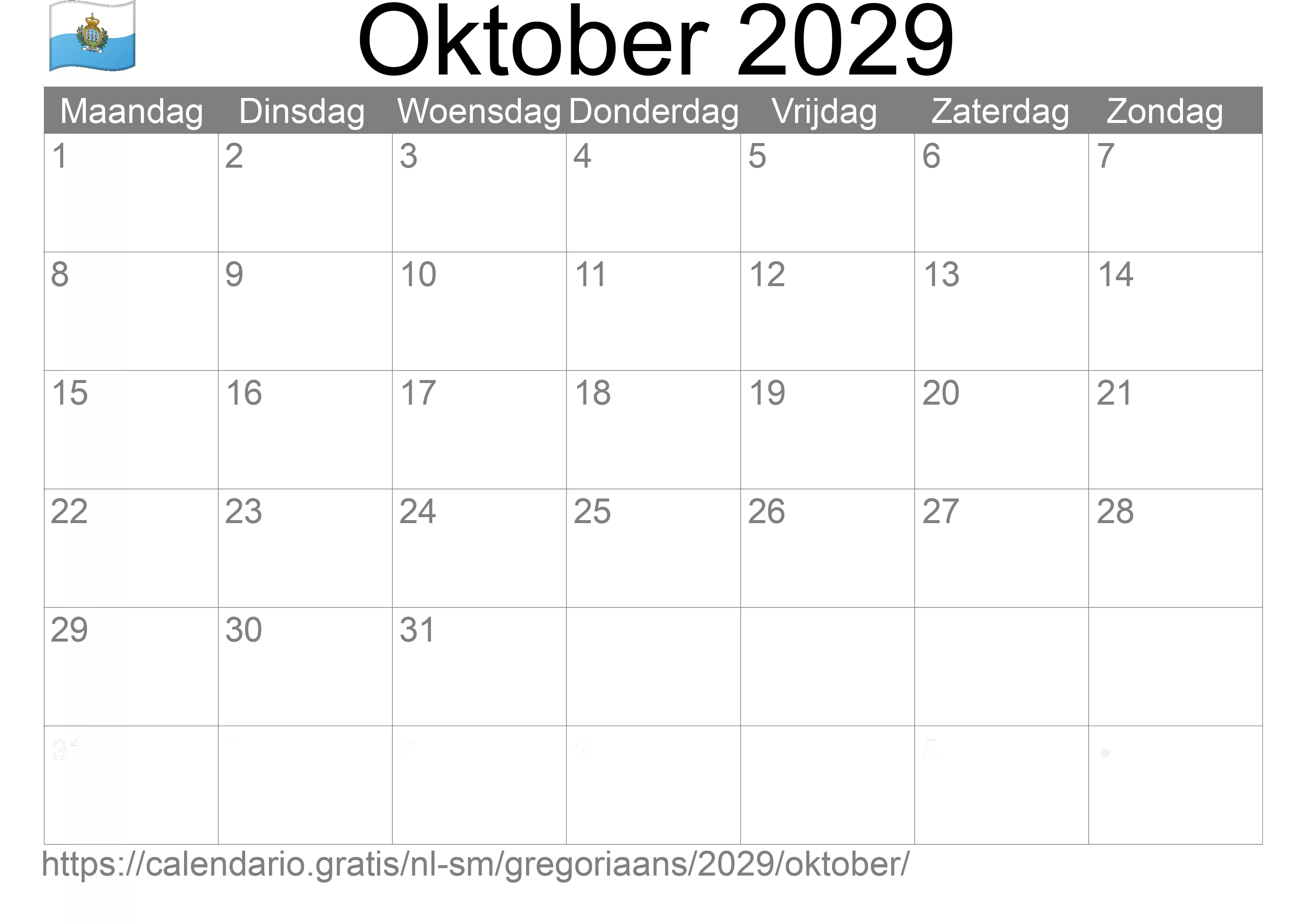 Kalender Oktober 2029 om af te drukken (San Marino)
