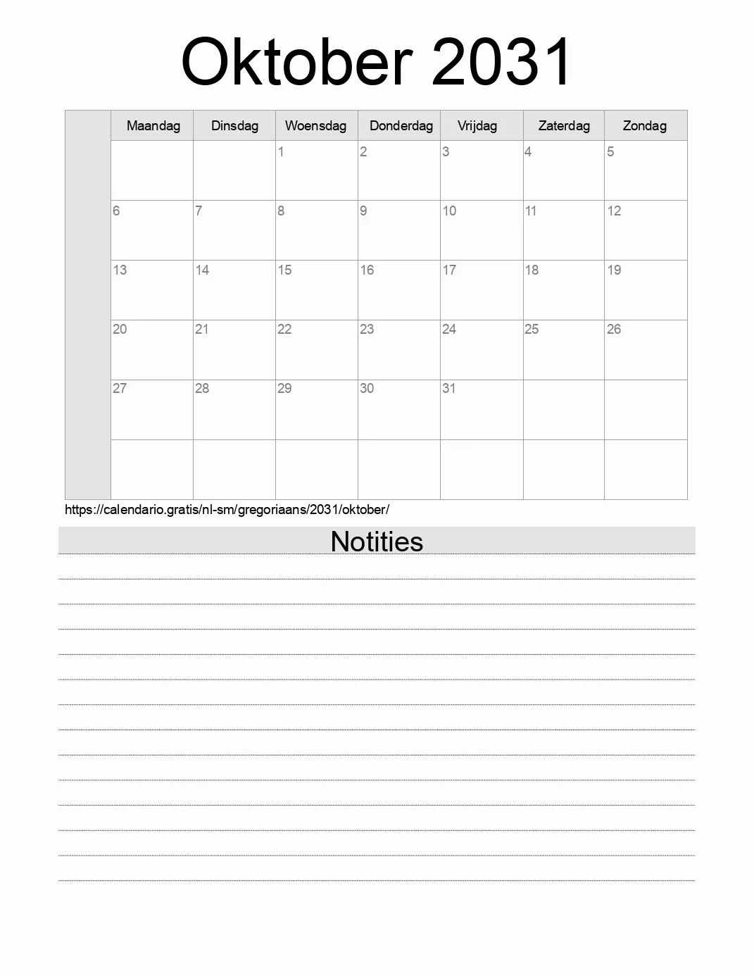 Kalender voor Oktober 2031 om af te drukken met notities. (San Marino)