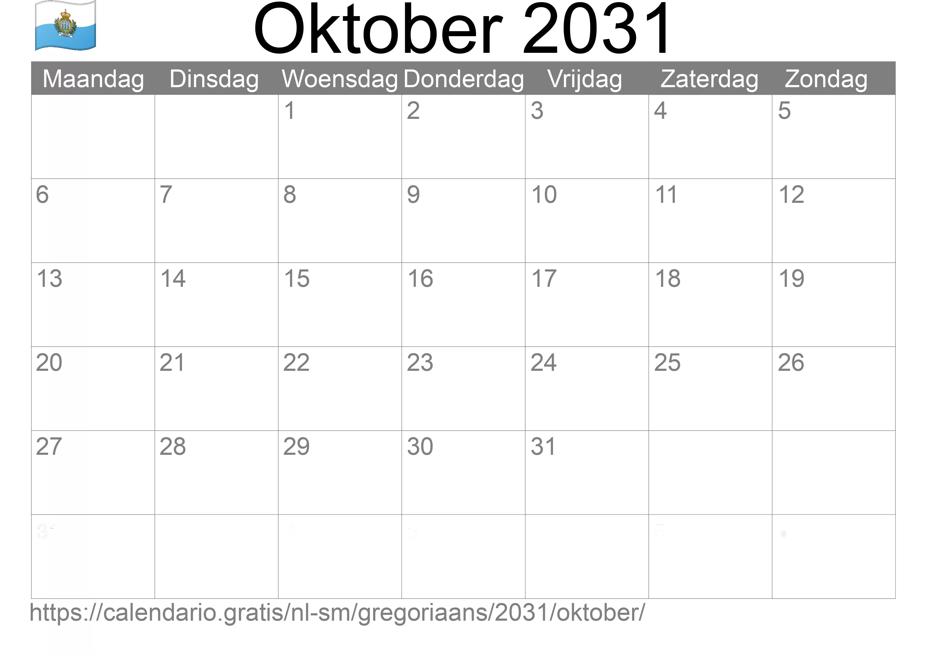 Kalender Oktober 2031 om af te drukken (San Marino)
