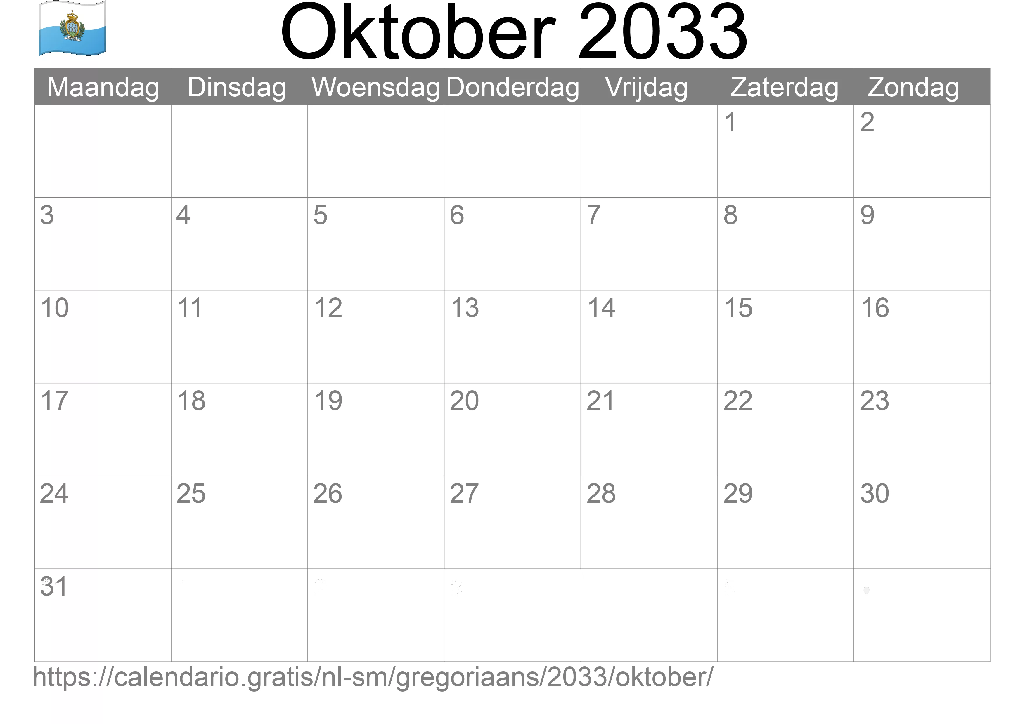 Kalender Oktober 2033 om af te drukken (San Marino)