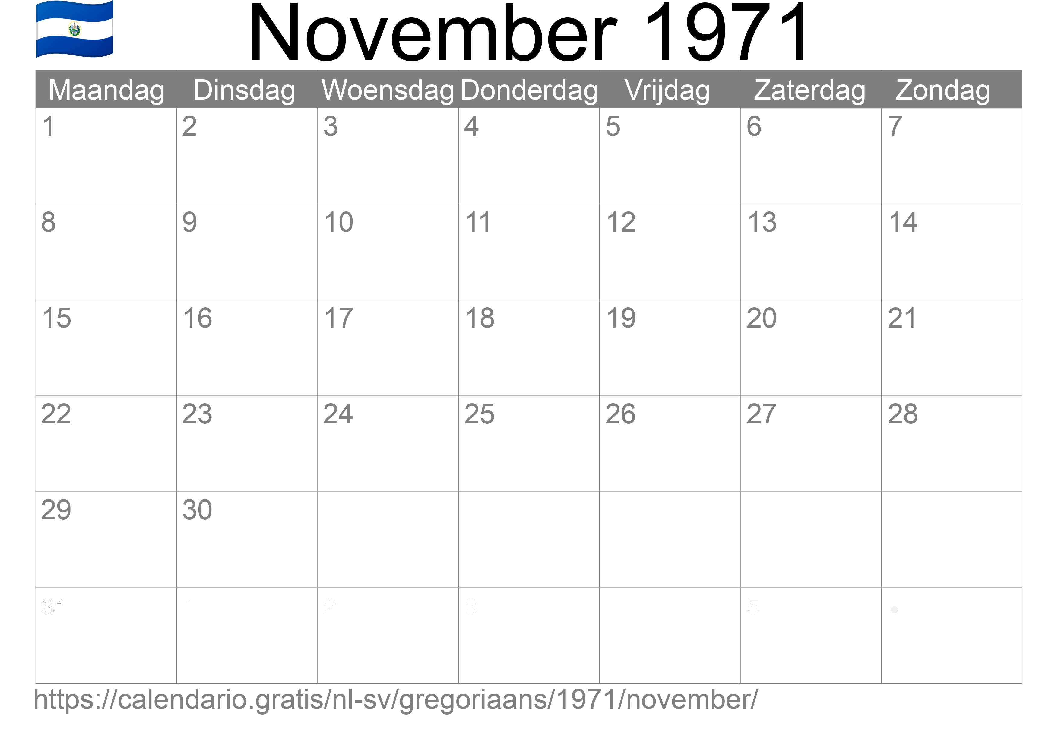 Kalender November 1971 om af te drukken