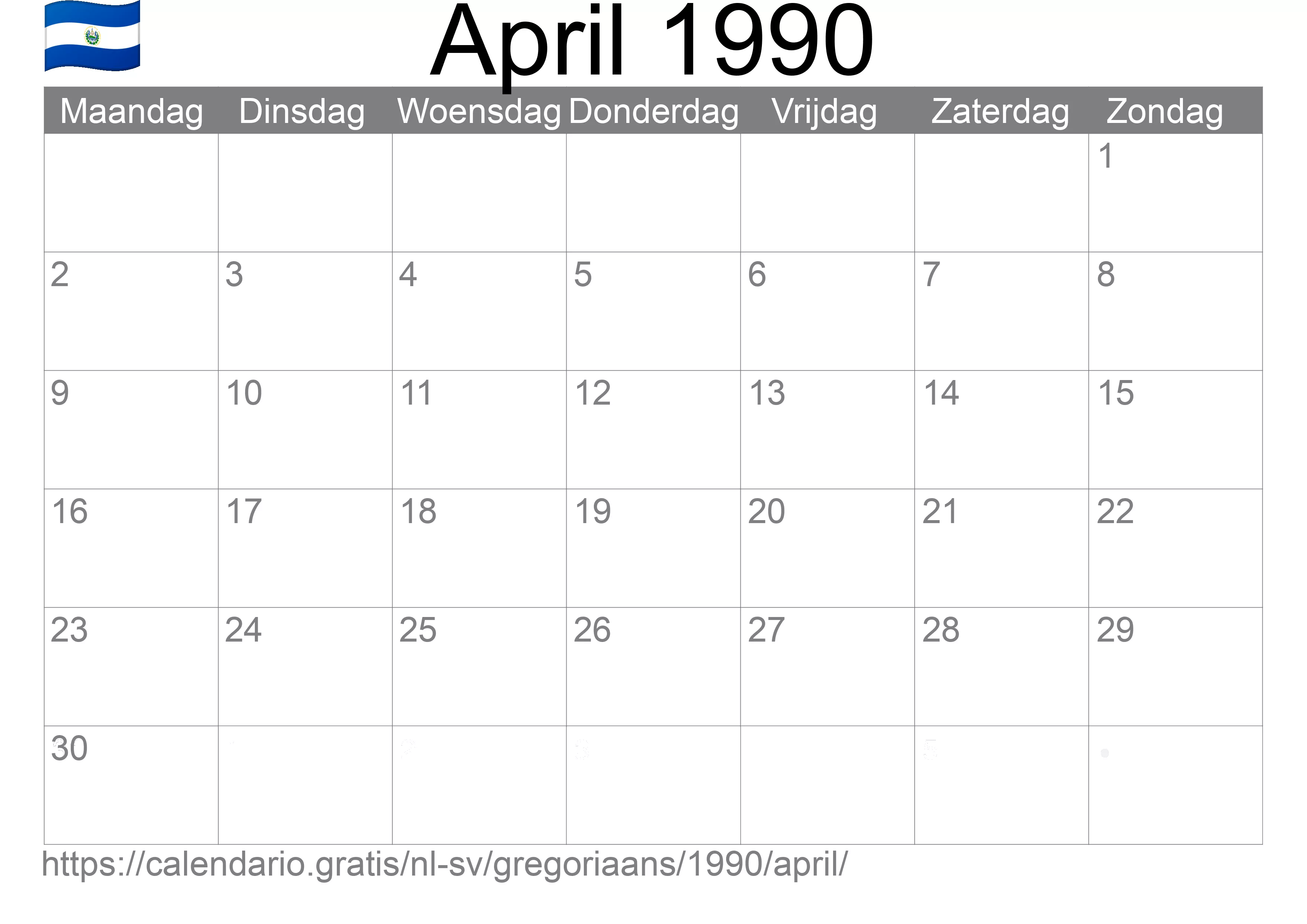Kalender April 1990 om af te drukken (El Salvador)