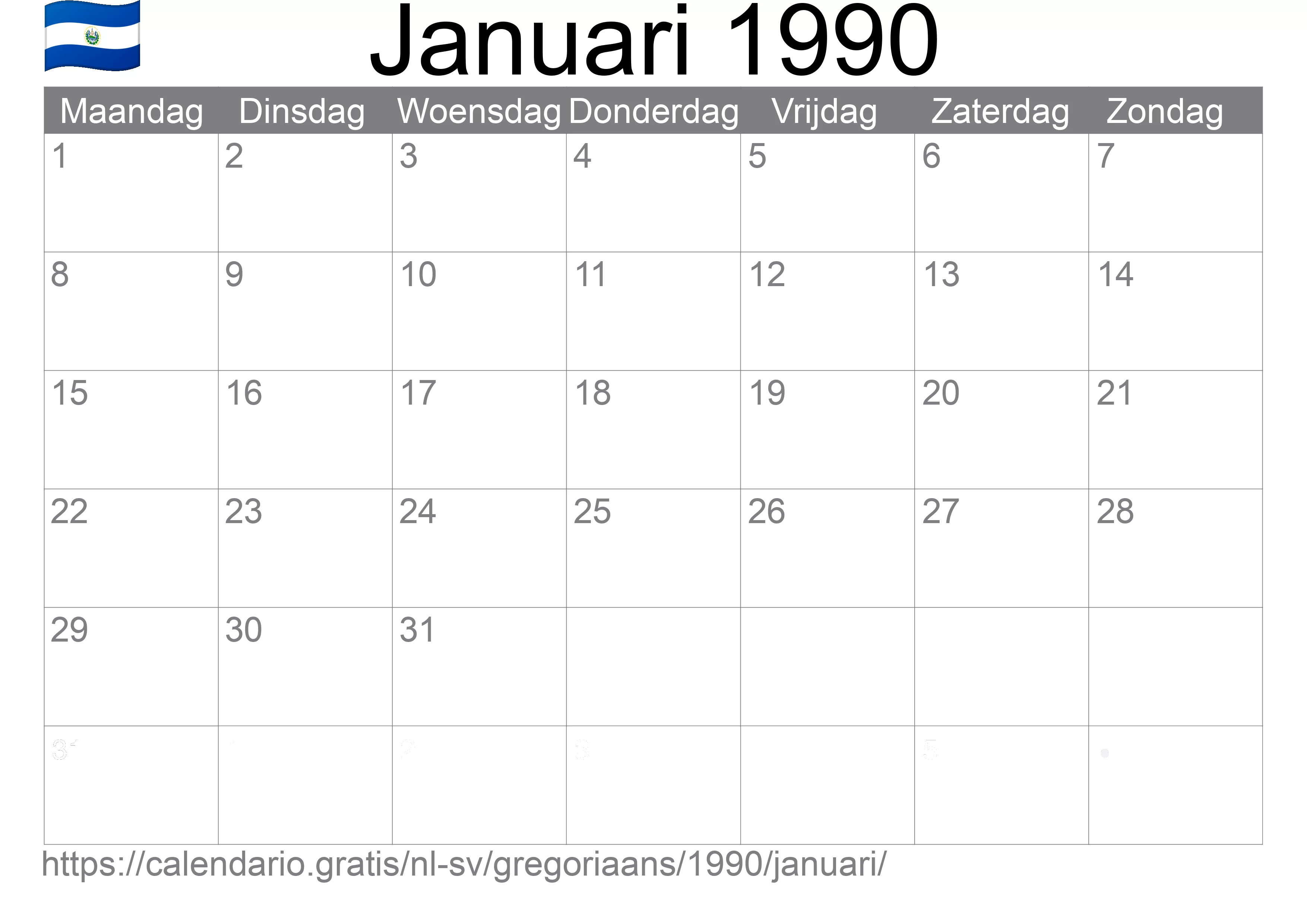 Kalender Januari 1990 om af te drukken (El Salvador)