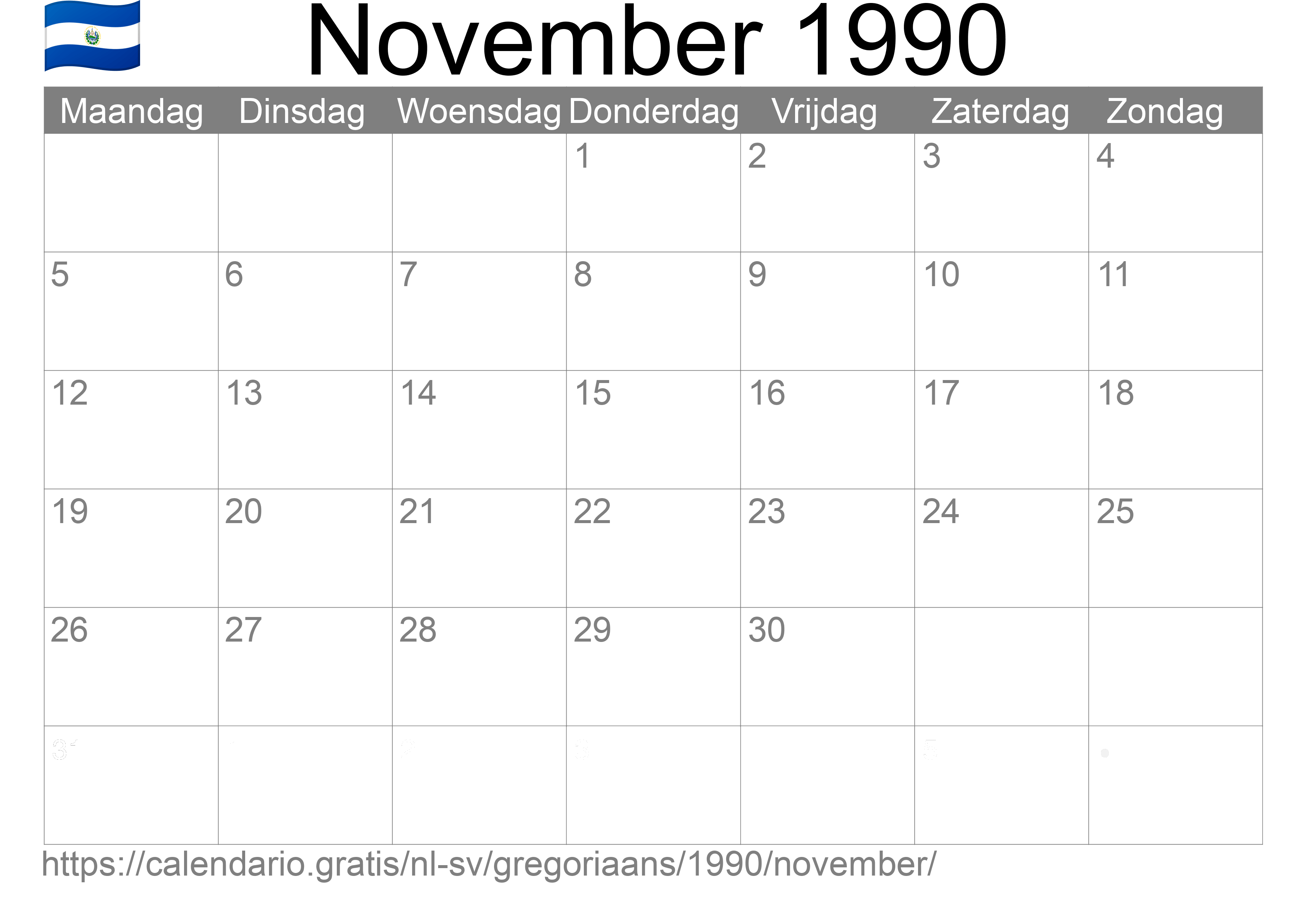 Kalender November 1990 om af te drukken