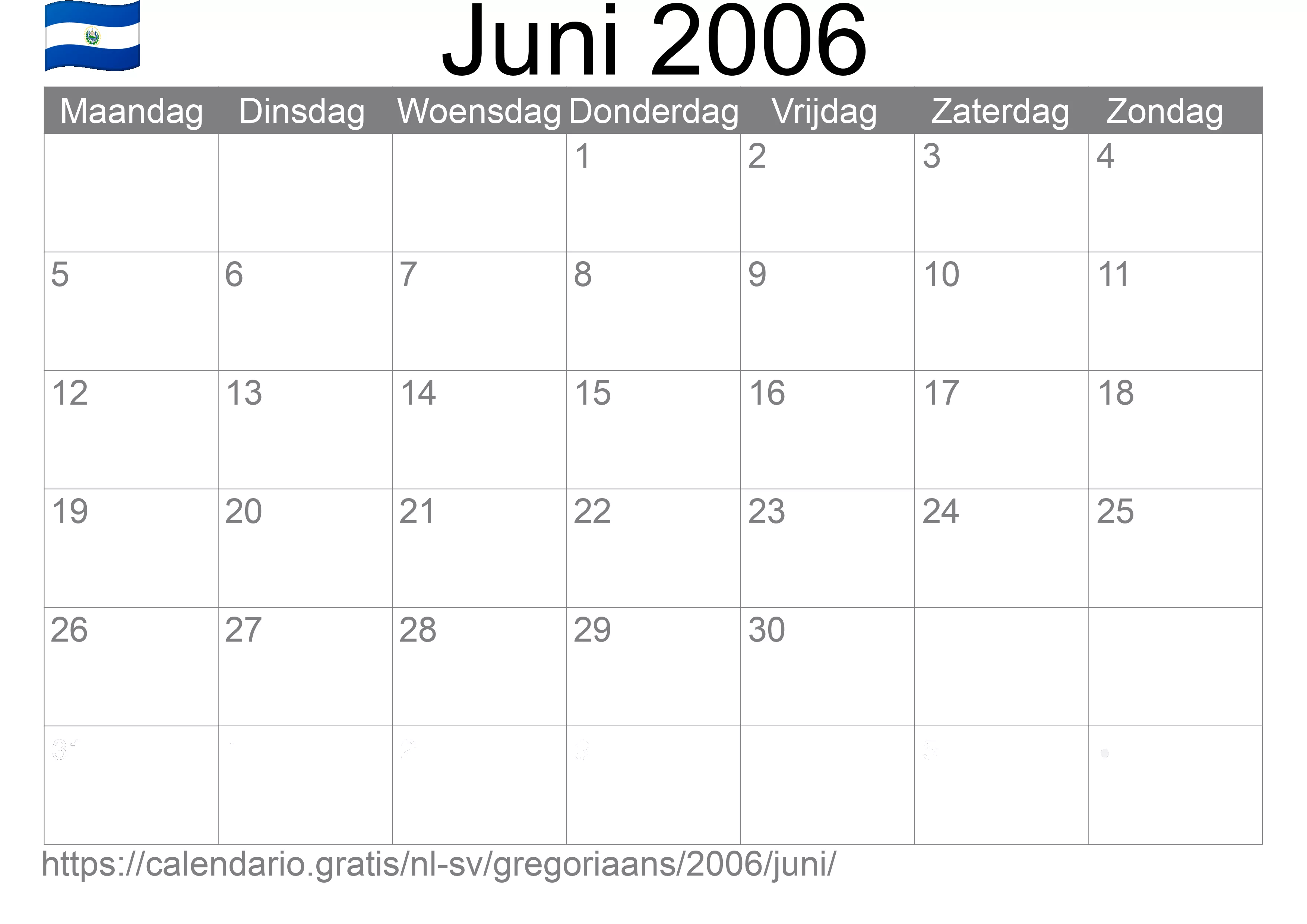 Kalender Juni 2006 om af te drukken (El Salvador)
